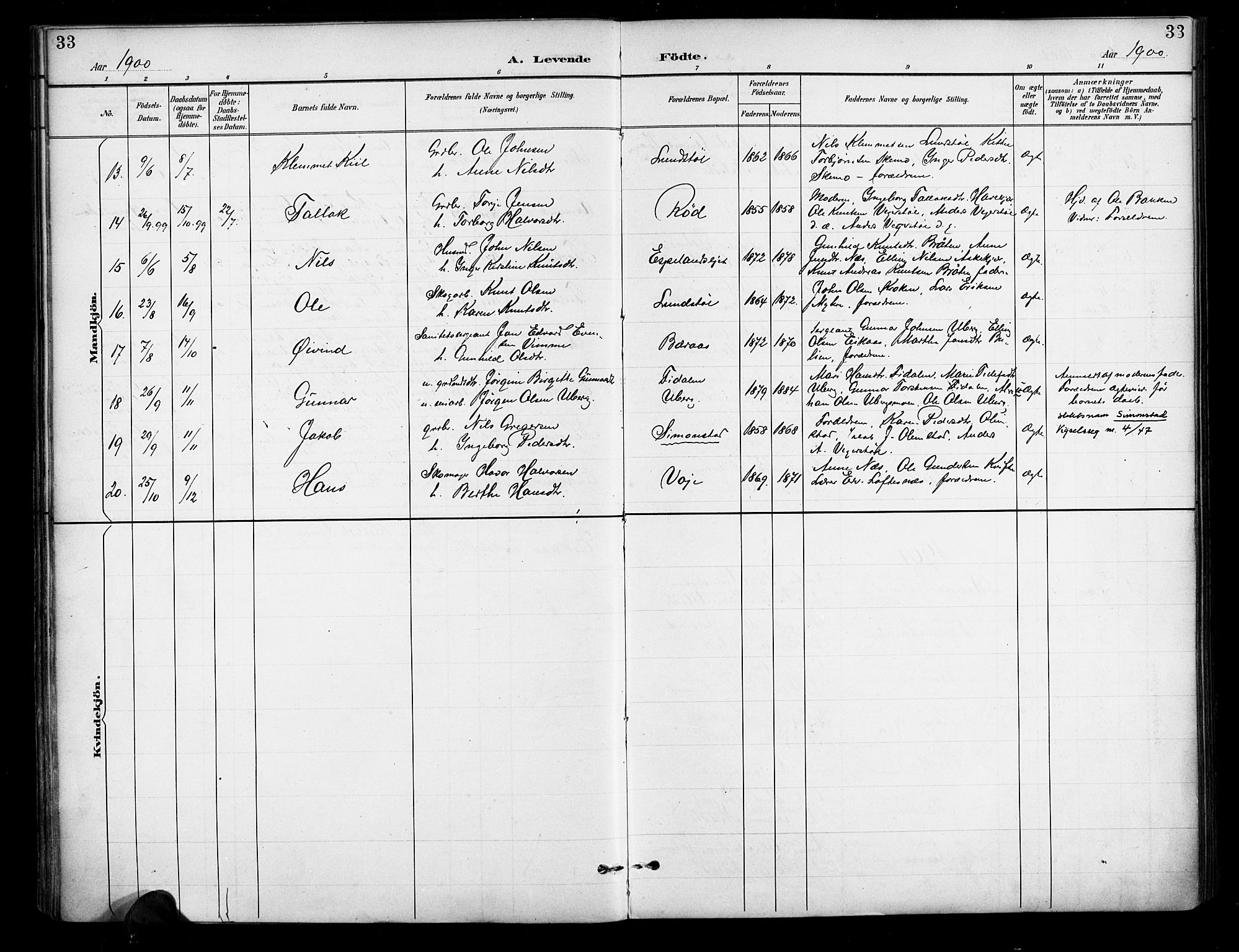 Gjerstad sokneprestkontor, AV/SAK-1111-0014/F/Fa/Fab/L0005: Parish register (official) no. A 5, 1891-1908, p. 33