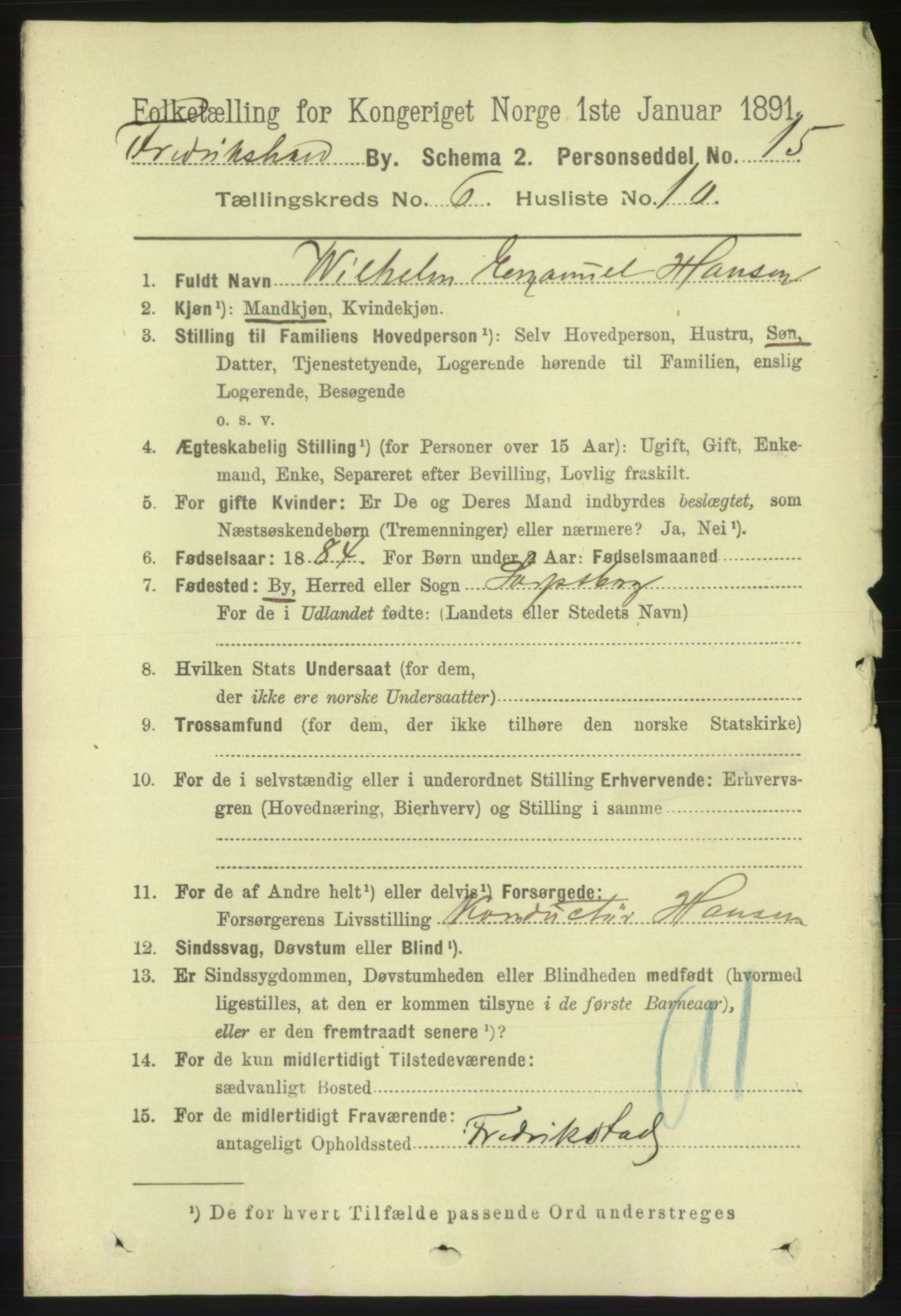 RA, 1891 census for 0101 Fredrikshald, 1891, p. 4650