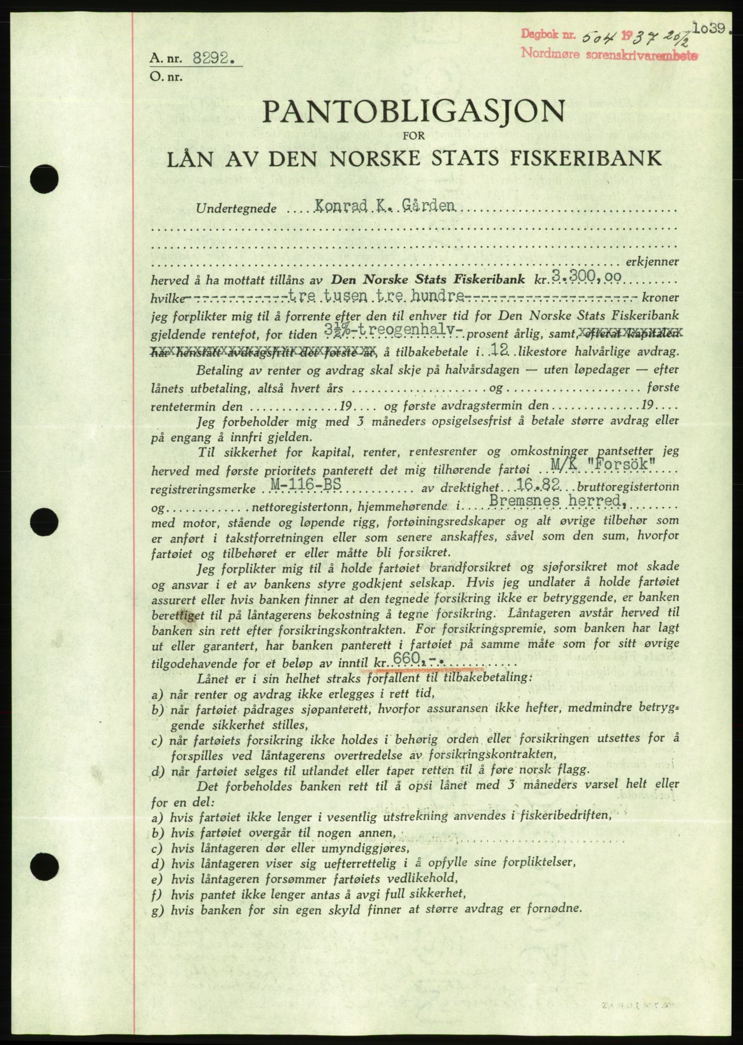 Nordmøre sorenskriveri, AV/SAT-A-4132/1/2/2Ca/L0090: Mortgage book no. B80, 1936-1937, Diary no: : 504/1937