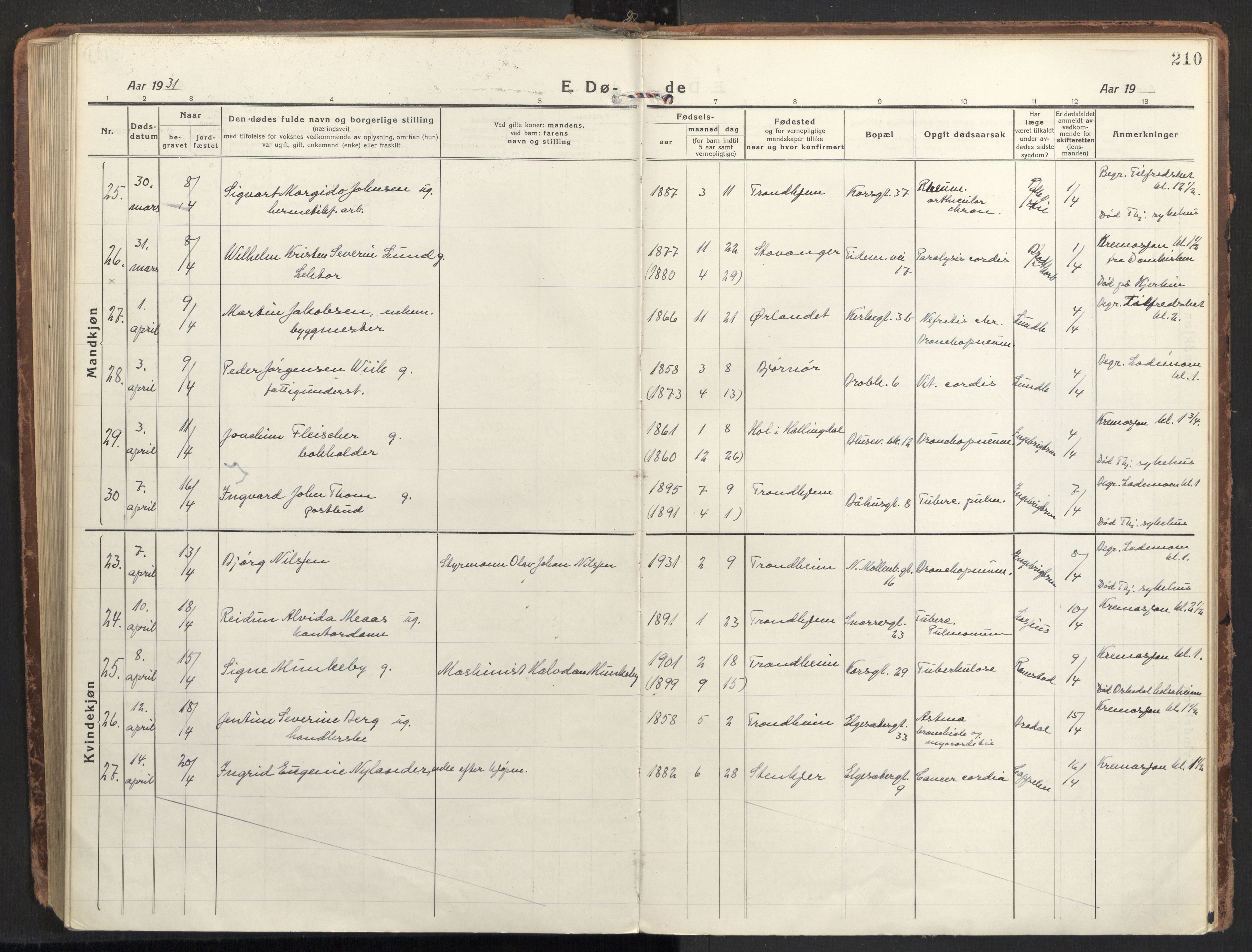 Ministerialprotokoller, klokkerbøker og fødselsregistre - Sør-Trøndelag, AV/SAT-A-1456/604/L0207: Parish register (official) no. 604A27, 1917-1933, p. 210