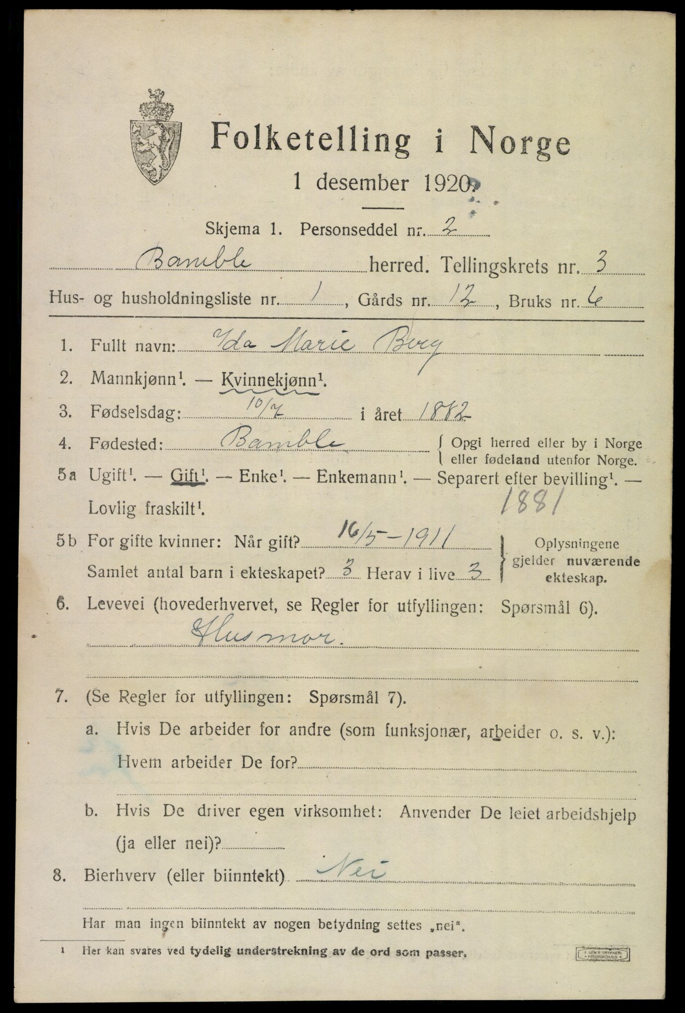 SAKO, 1920 census for Bamble, 1920, p. 3795