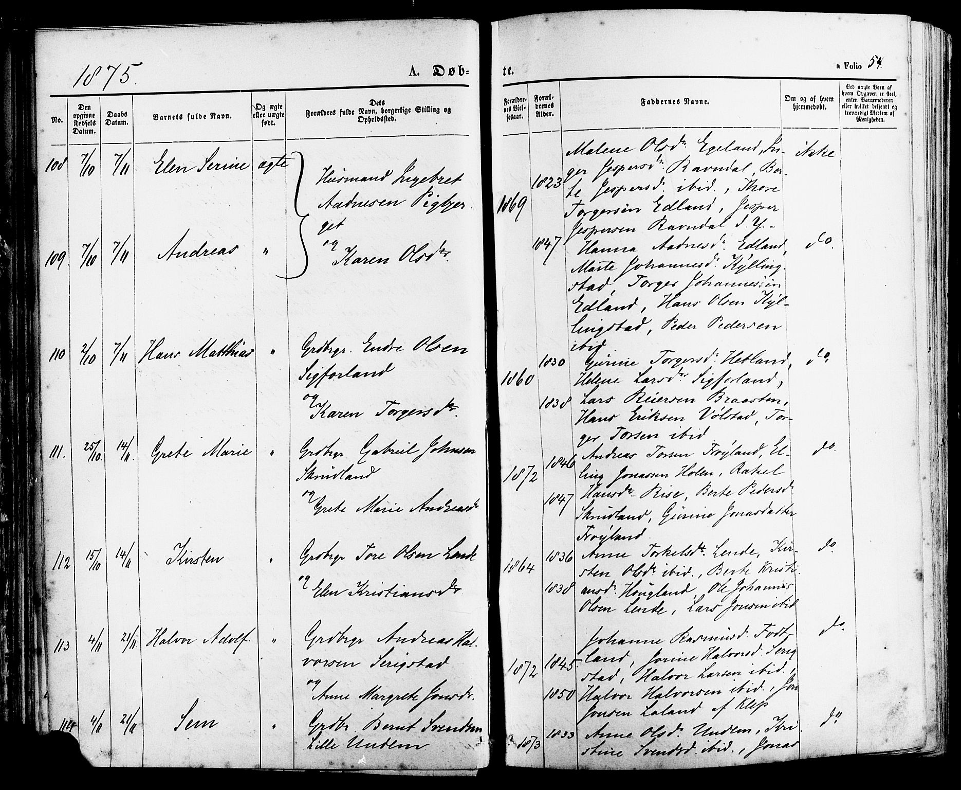 Lye sokneprestkontor, AV/SAST-A-101794/001/30BA/L0008: Parish register (official) no. A 7, 1872-1881, p. 54