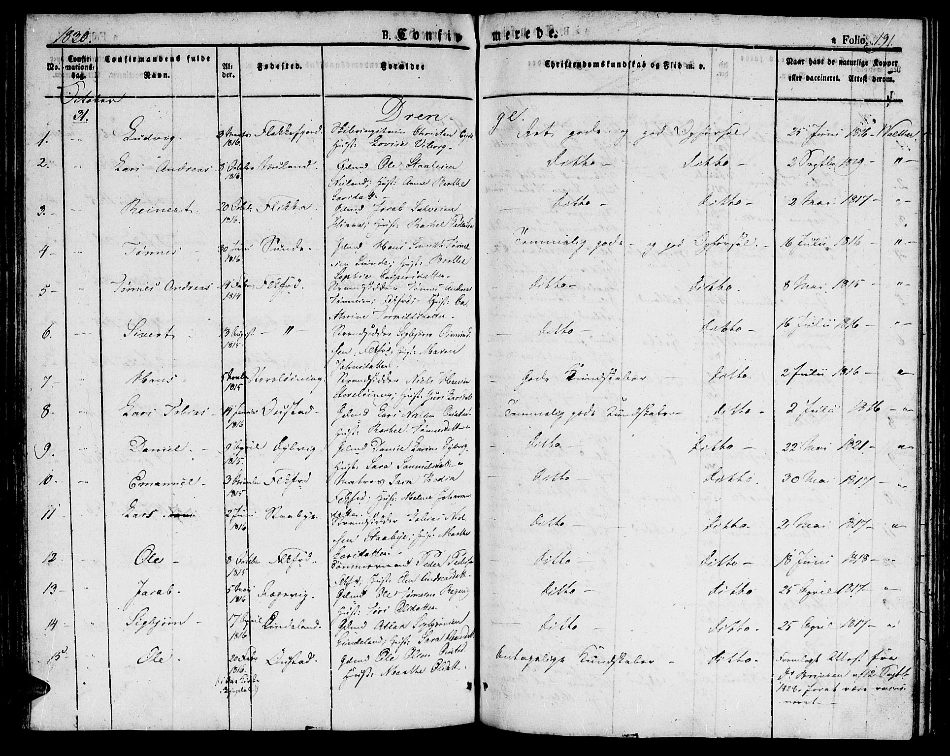 Flekkefjord sokneprestkontor, SAK/1111-0012/F/Fb/Fbc/L0004: Parish register (copy) no. B 4, 1827-1846, p. 191