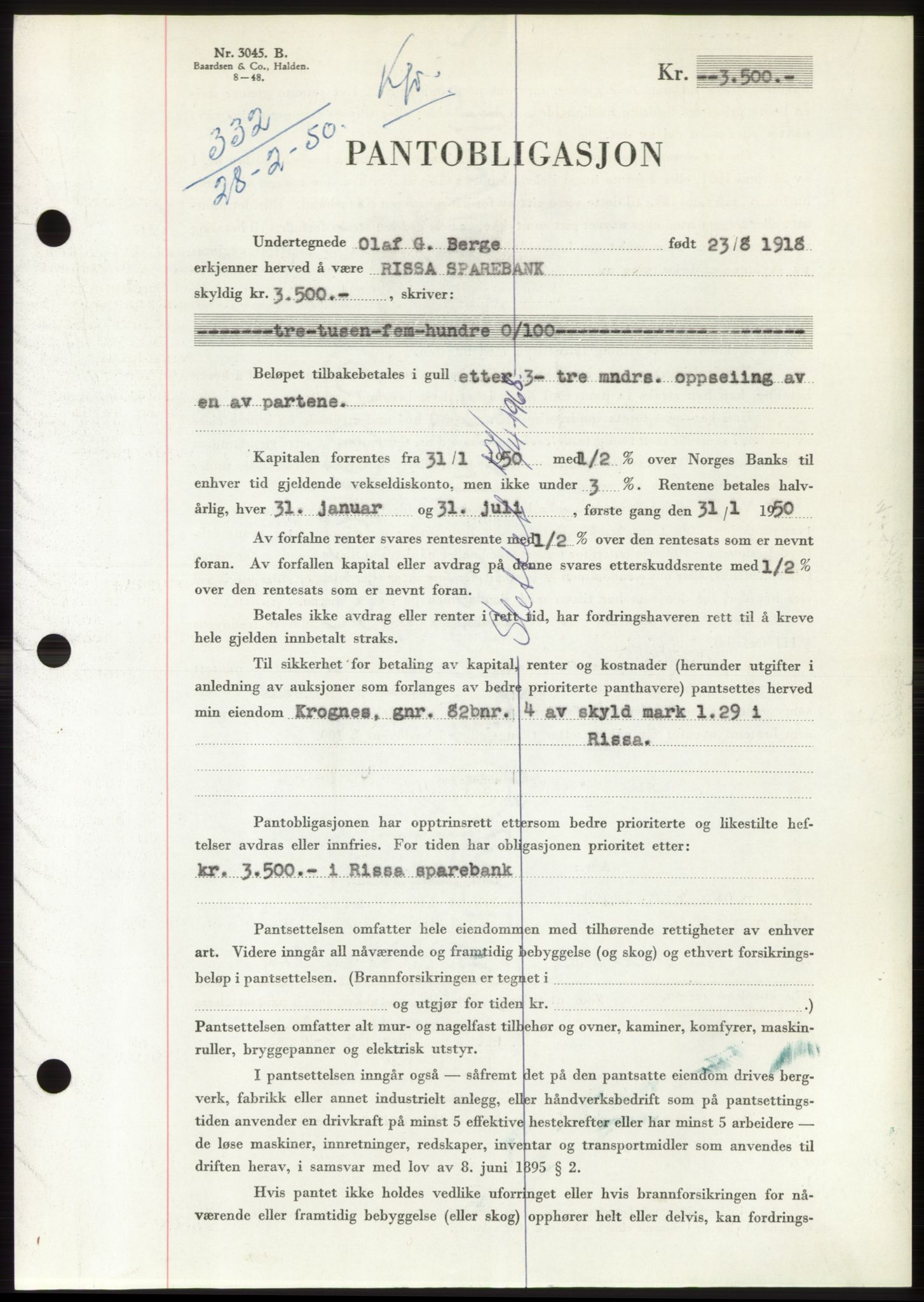 Fosen sorenskriveri, AV/SAT-A-1107/1/2/2C: Mortgage book no. B, 1948-1950, Diary no: : 332/1950