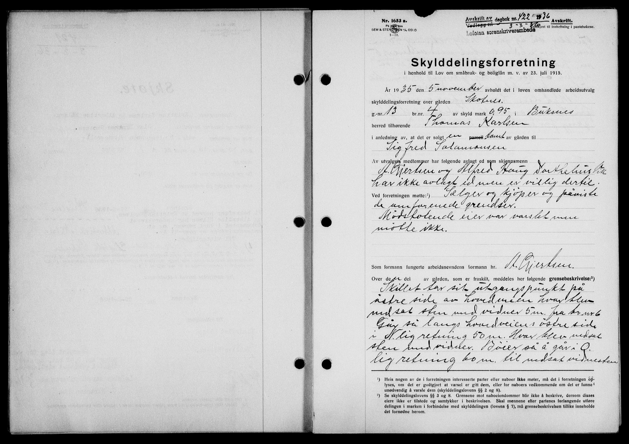 Lofoten sorenskriveri, SAT/A-0017/1/2/2C/L0033b: Mortgage book no. 33b, 1936-1936, Diary no: : 422/1936