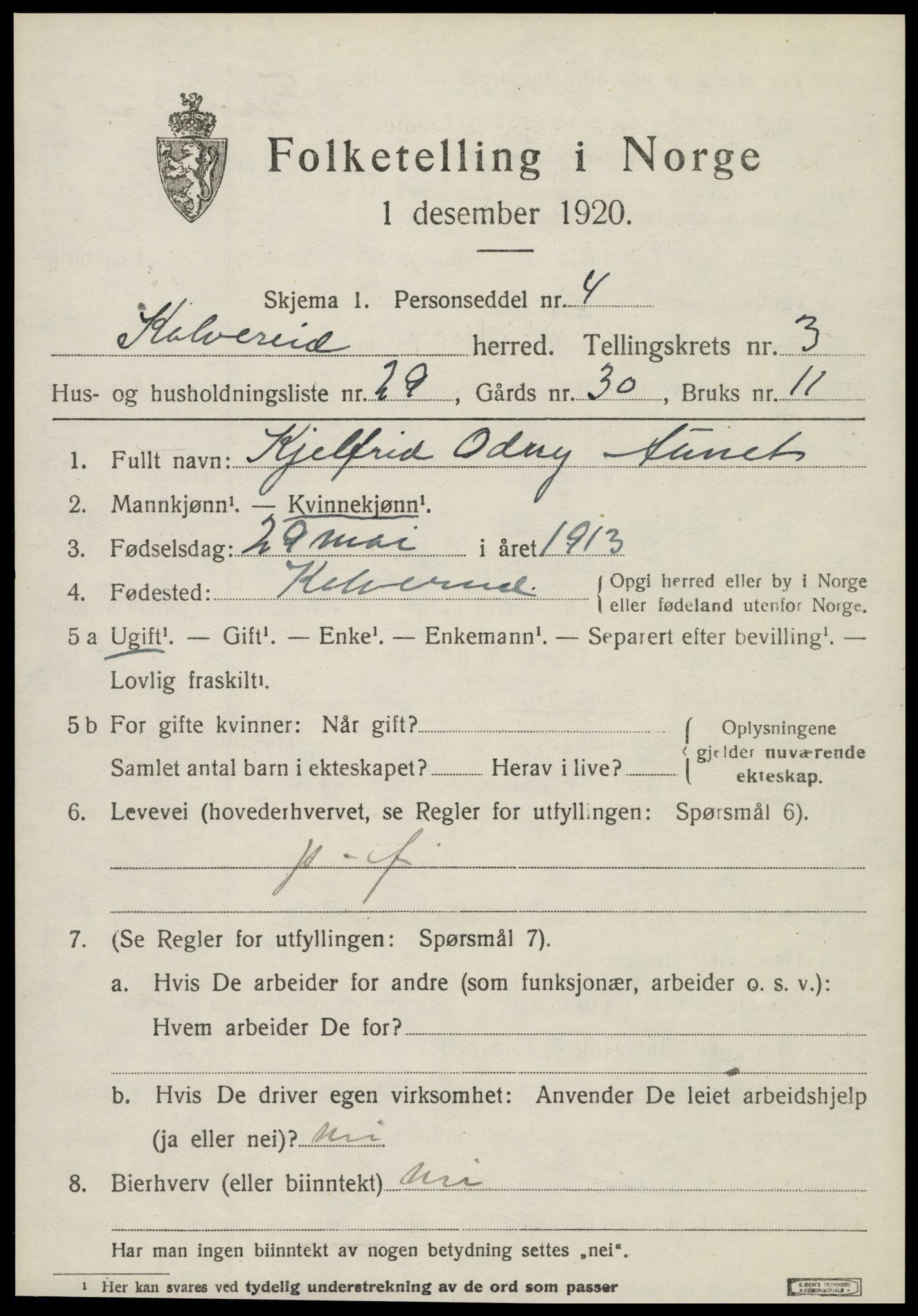 SAT, 1920 census for Kolvereid, 1920, p. 2239