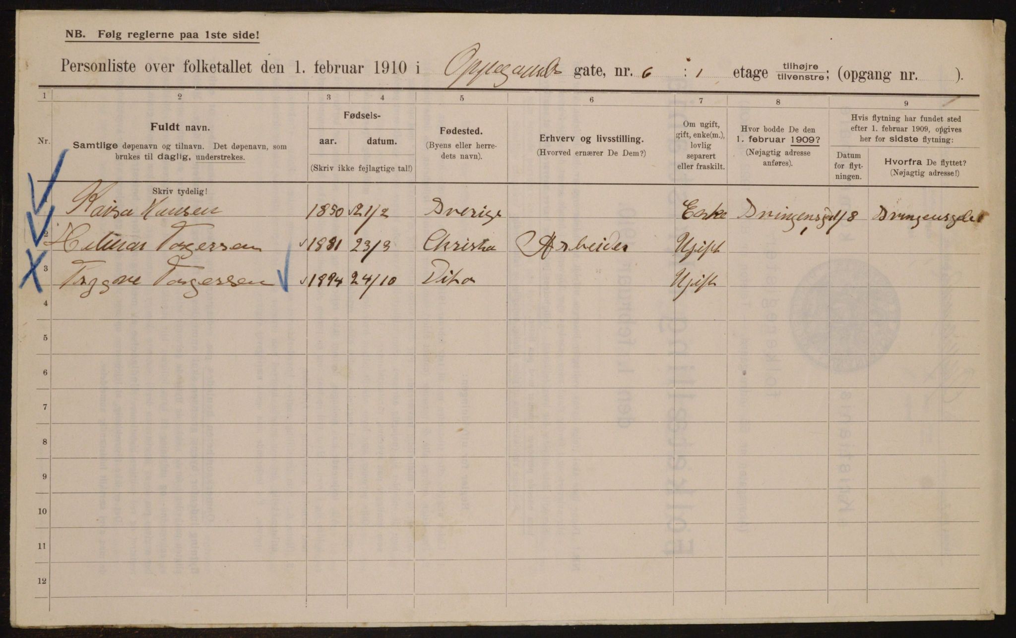 OBA, Municipal Census 1910 for Kristiania, 1910, p. 72952