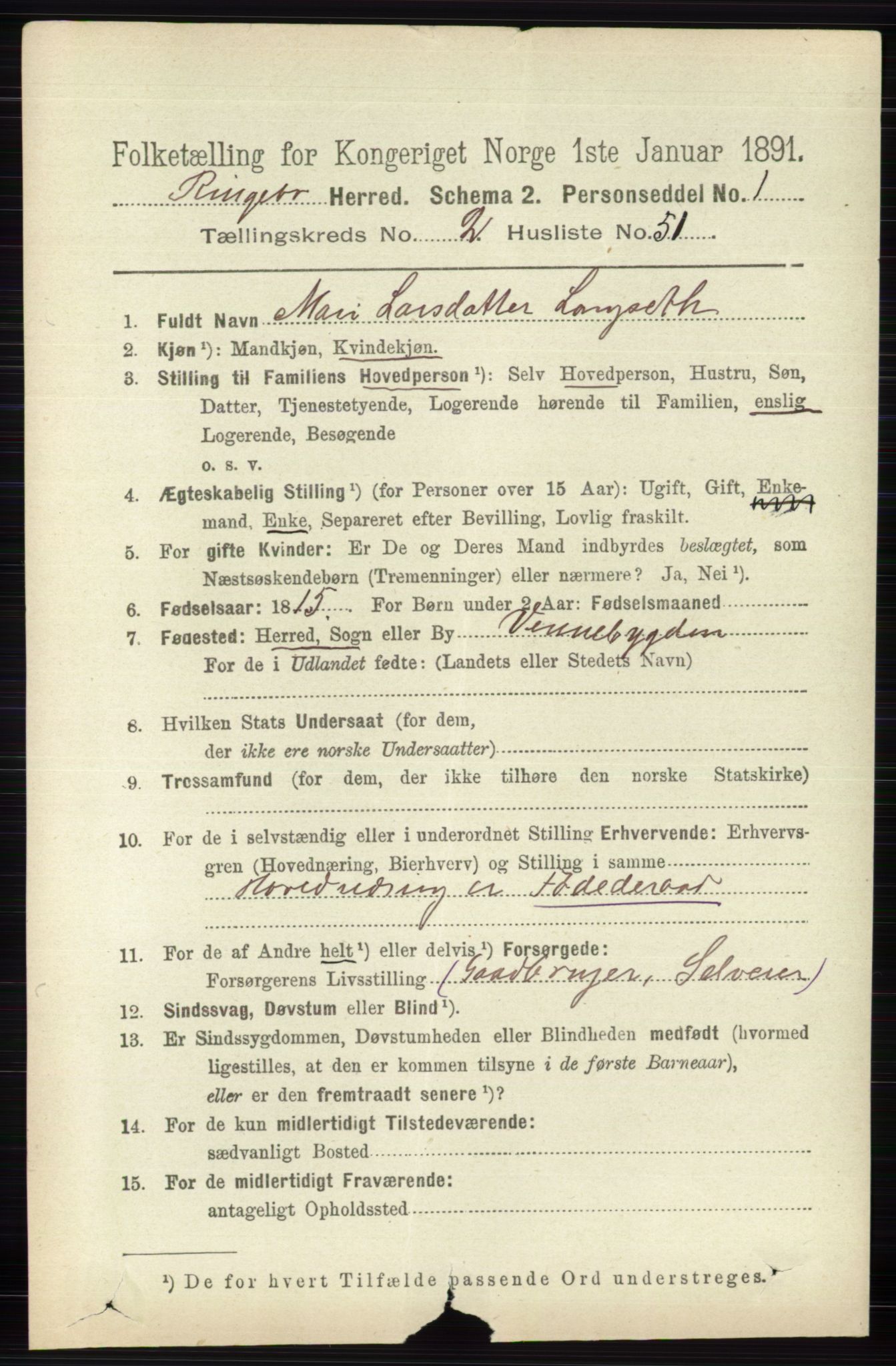 RA, 1891 census for 0520 Ringebu, 1891, p. 621