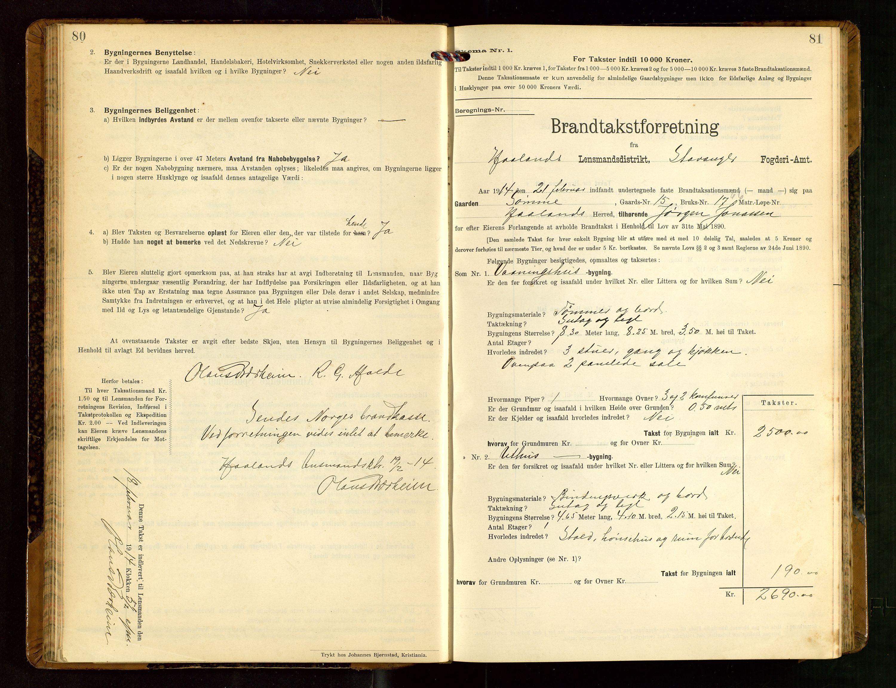Håland lensmannskontor, SAST/A-100100/Gob/L0004: Branntakstprotokoll - skjematakst. Register i boken., 1913-1915, p. 80-81
