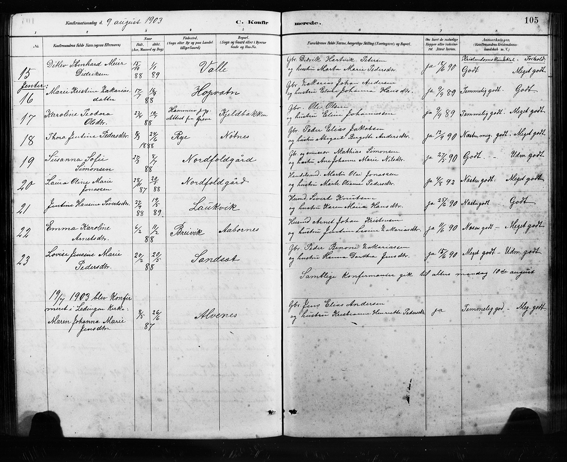 Ministerialprotokoller, klokkerbøker og fødselsregistre - Nordland, AV/SAT-A-1459/858/L0834: Parish register (copy) no. 858C01, 1884-1904, p. 105