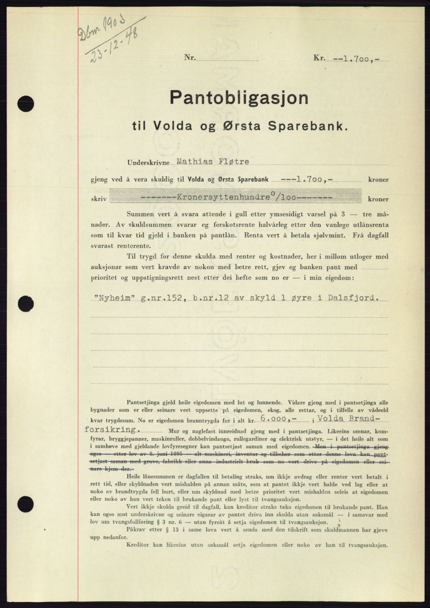 Søre Sunnmøre sorenskriveri, AV/SAT-A-4122/1/2/2C/L0116: Mortgage book no. 4B, 1948-1949, Diary no: : 1903/1948