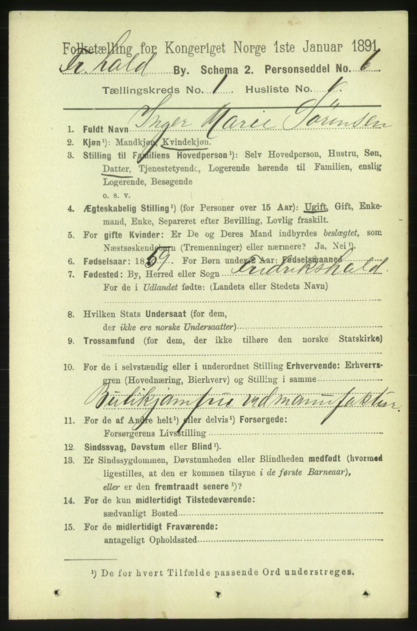 RA, 1891 census for 0101 Fredrikshald, 1891, p. 1964