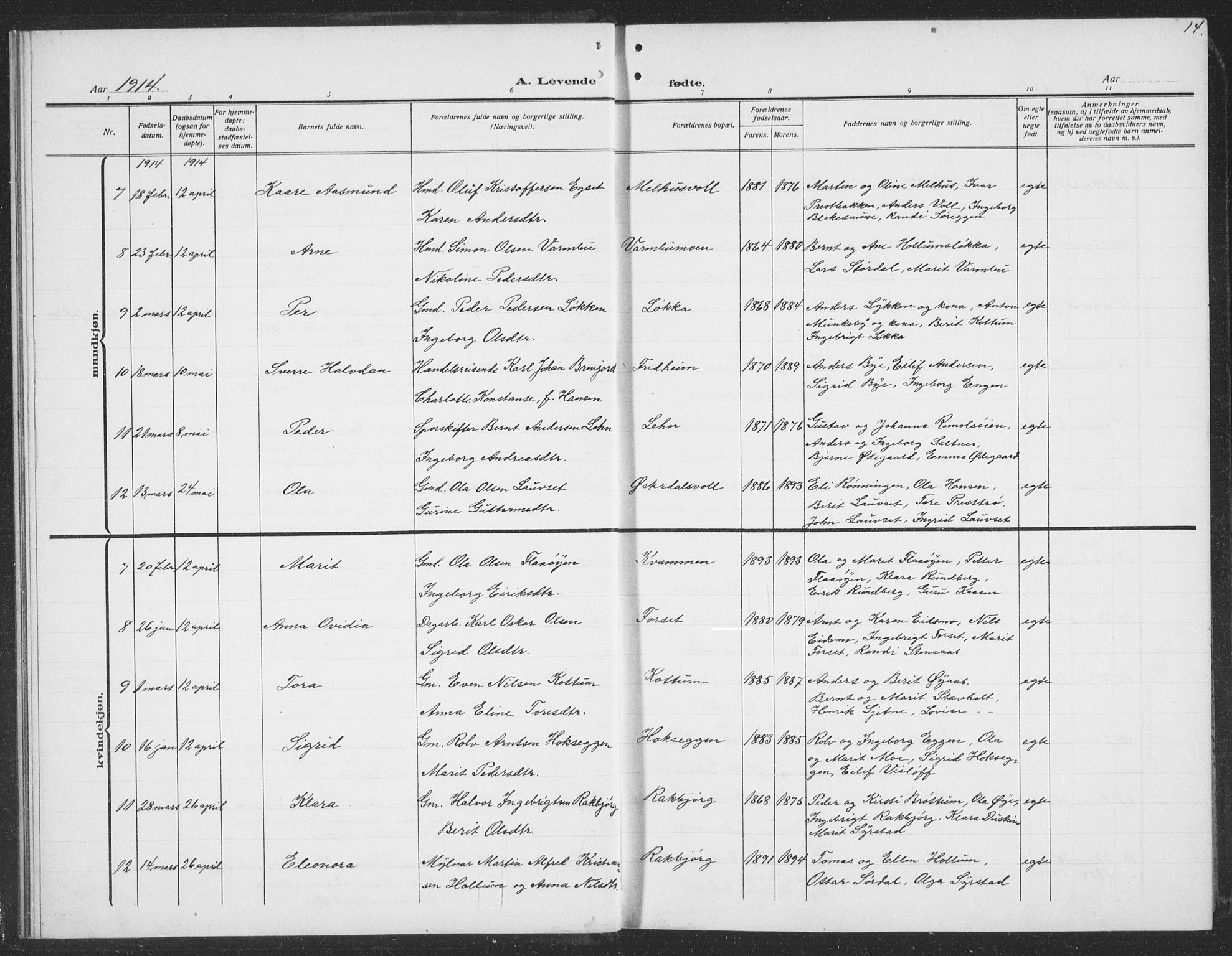 Ministerialprotokoller, klokkerbøker og fødselsregistre - Sør-Trøndelag, AV/SAT-A-1456/691/L1095: Parish register (copy) no. 691C06, 1912-1933, p. 14