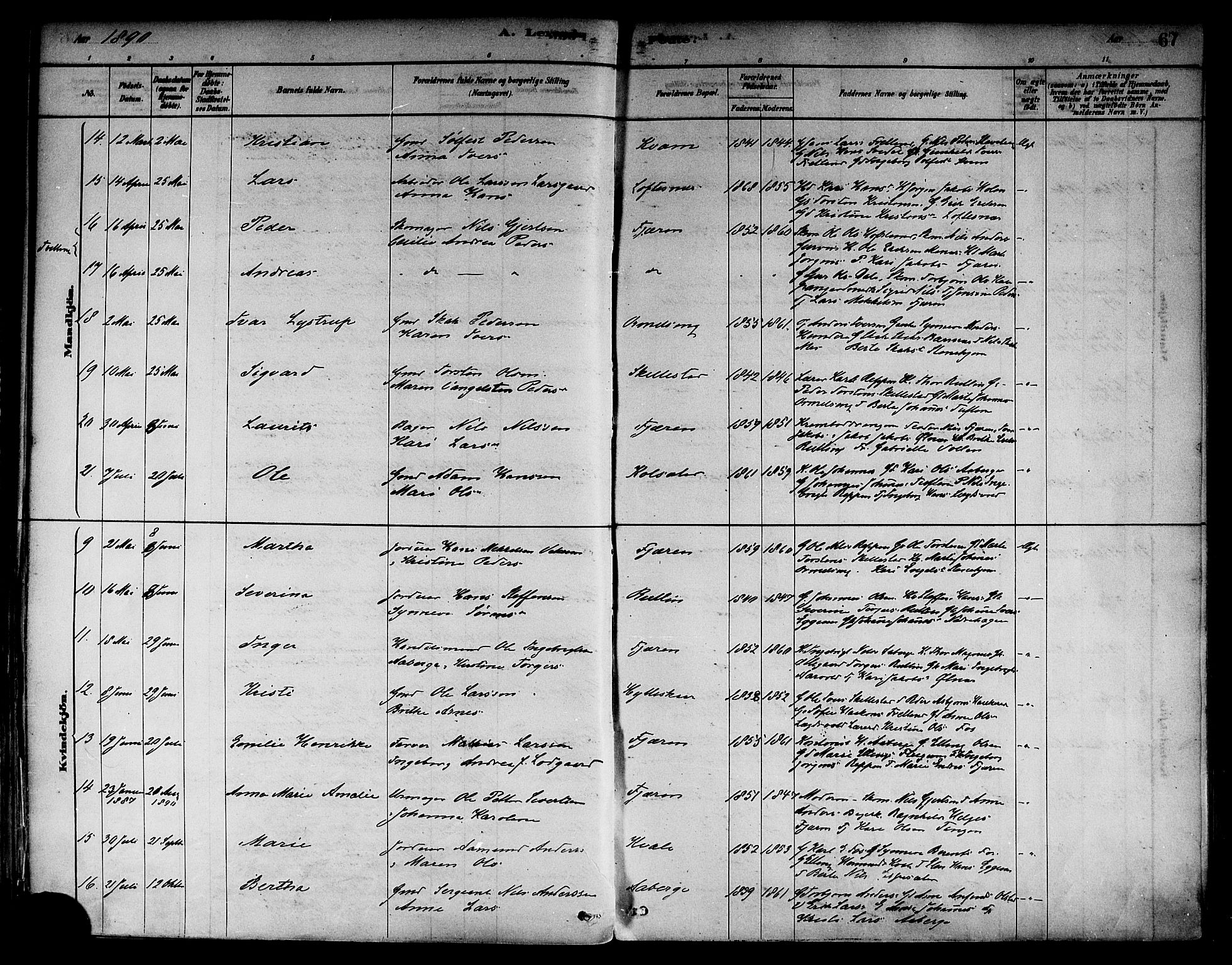 Sogndal sokneprestembete, AV/SAB-A-81301/H/Haa/Haab/L0001: Parish register (official) no. B 1, 1878-1899, p. 67