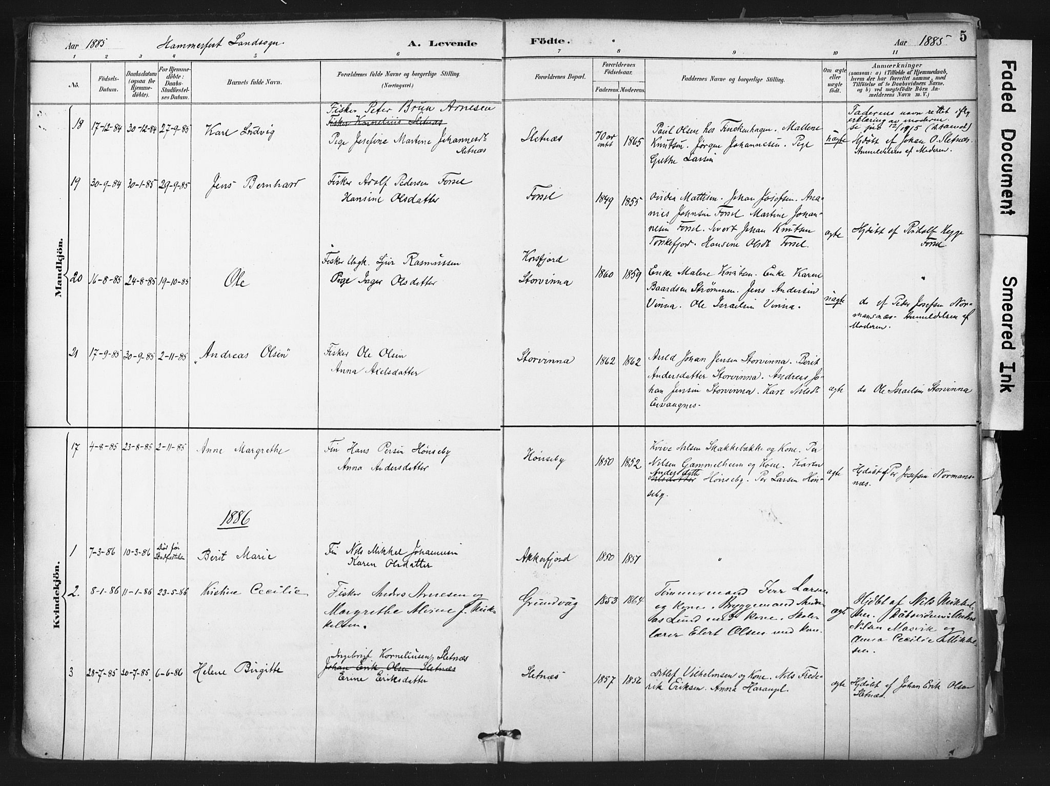 Hammerfest sokneprestkontor, SATØ/S-1347: Parish register (official) no. 11 /1, 1885-1897, p. 5