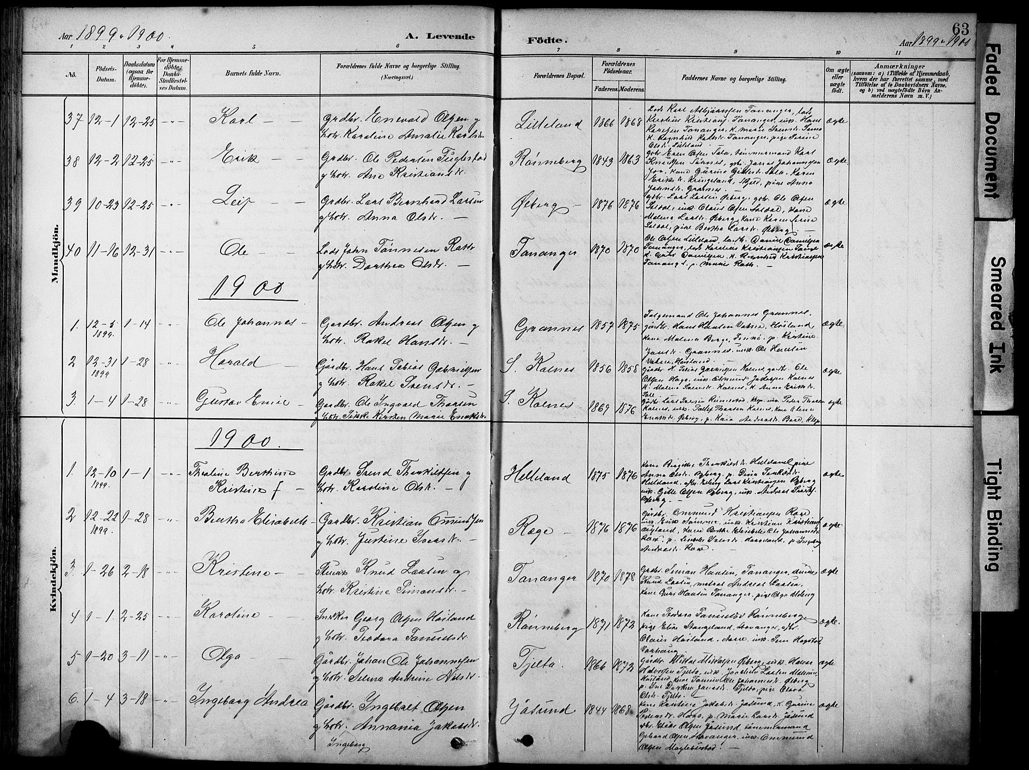 Håland sokneprestkontor, SAST/A-101802/001/30BA/L0012: Parish register (official) no. A 11, 1889-1900, p. 63