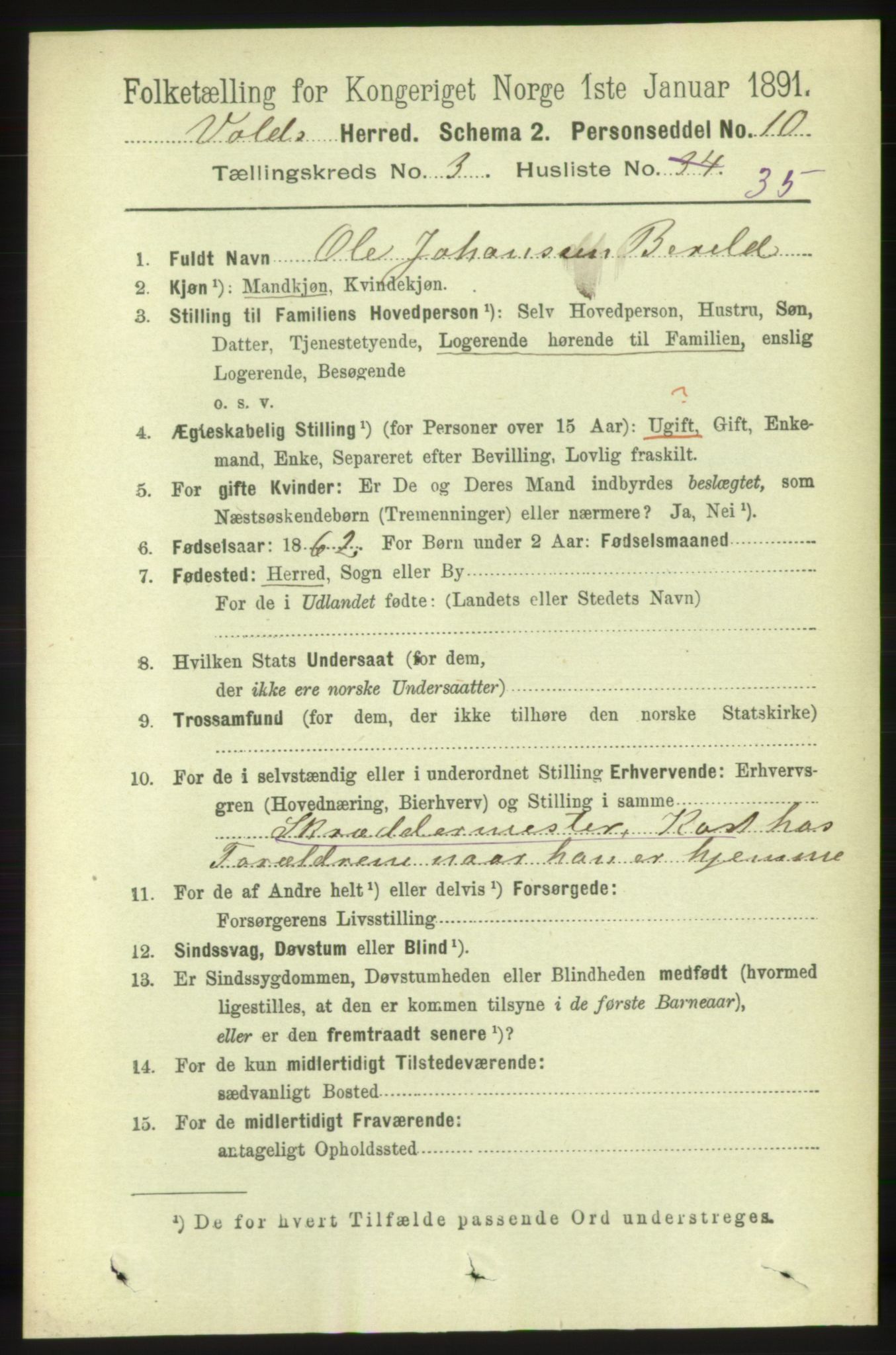 RA, 1891 census for 1537 Voll, 1891, p. 1179