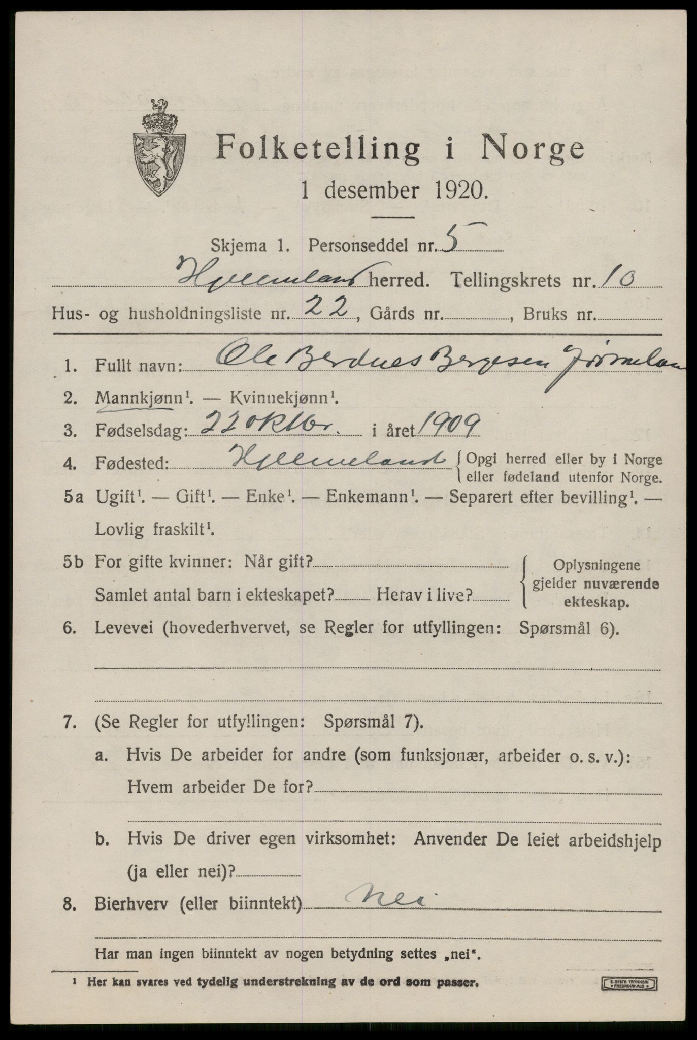 SAST, 1920 census for Hjelmeland, 1920, p. 3365