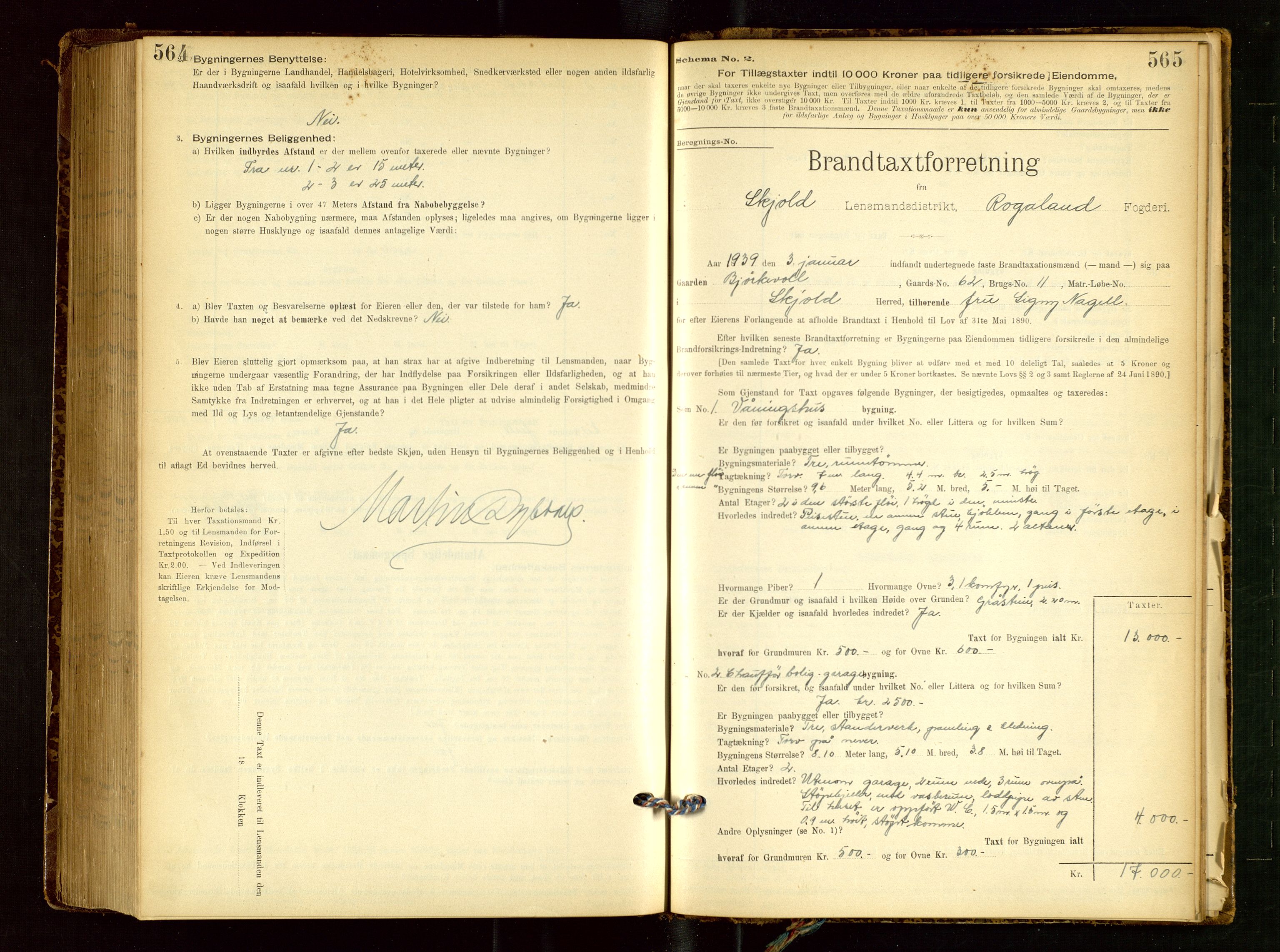 Skjold lensmannskontor, SAST/A-100182/Gob/L0001: "Brandtaxationsprotokol for Skjold Lensmandsdistrikt Ryfylke Fogderi", 1894-1939, p. 564-565