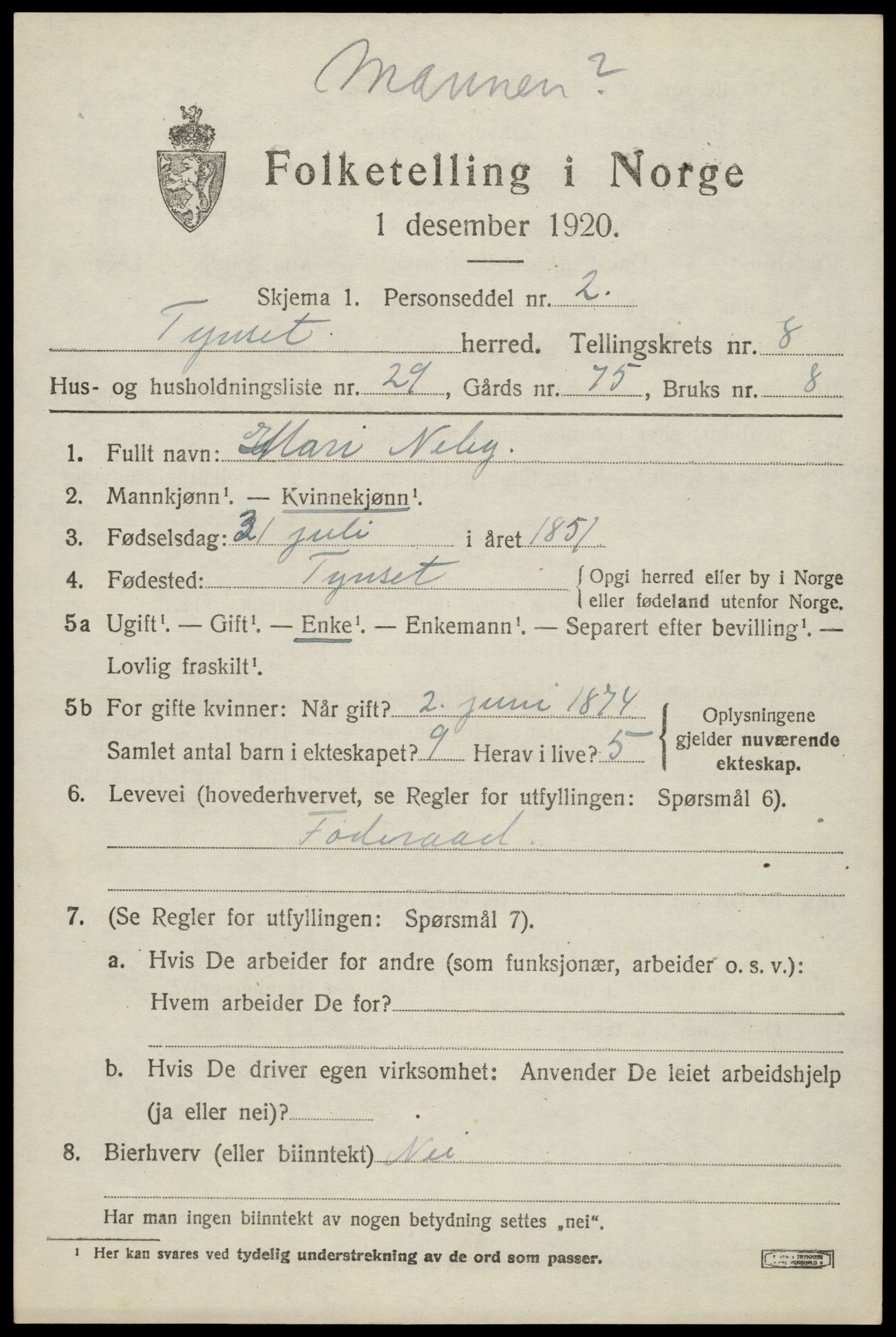 SAH, 1920 census for Tynset, 1920, p. 6906