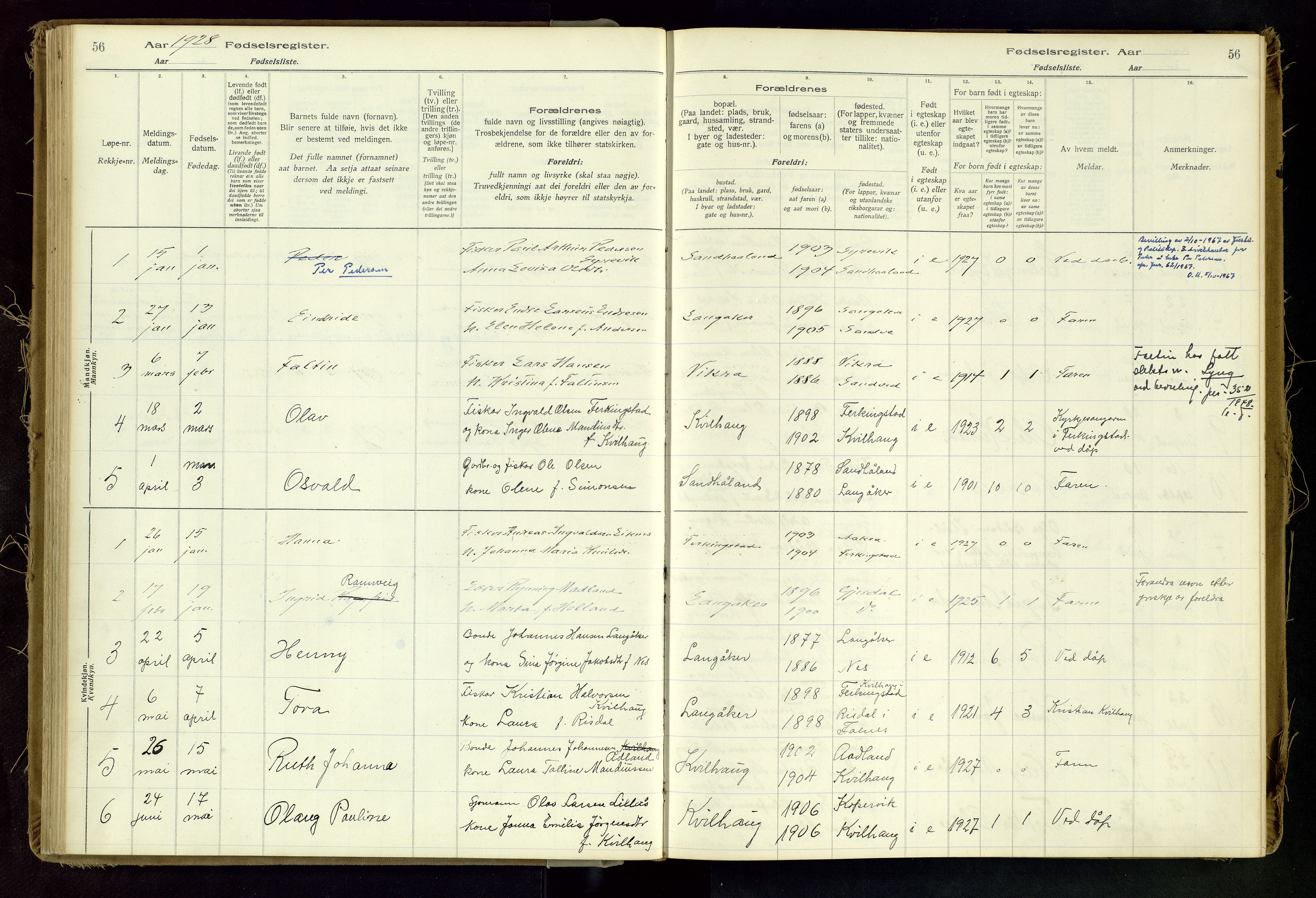 Skudenes sokneprestkontor, SAST/A -101849/I/Id/L0002: Birth register no. 2, 1916-1962, p. 56