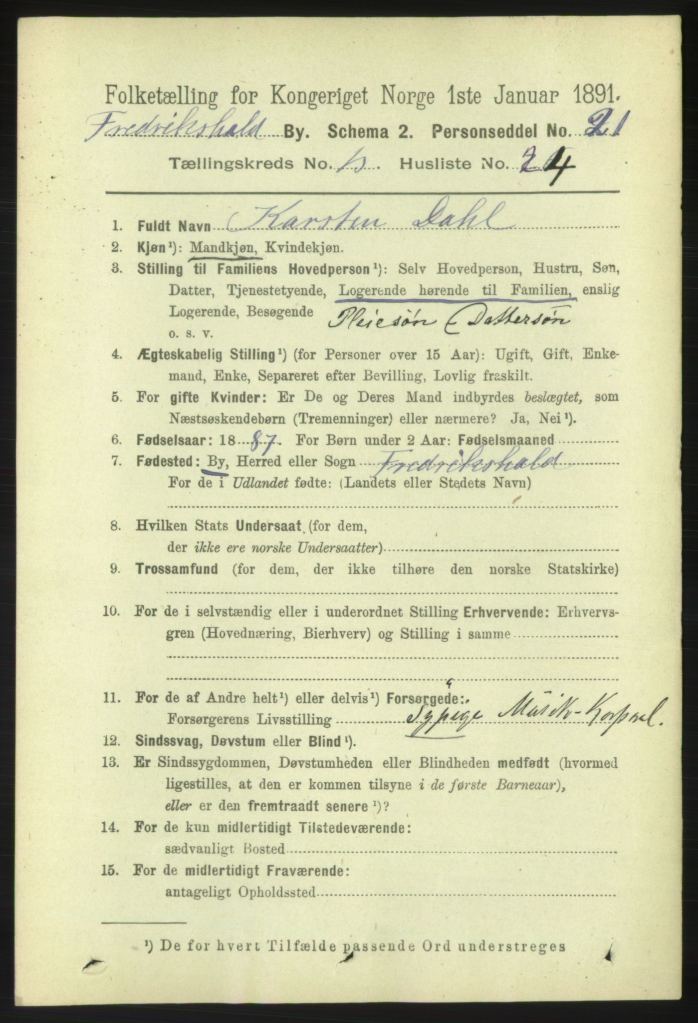 RA, 1891 census for 0101 Fredrikshald, 1891, p. 9011