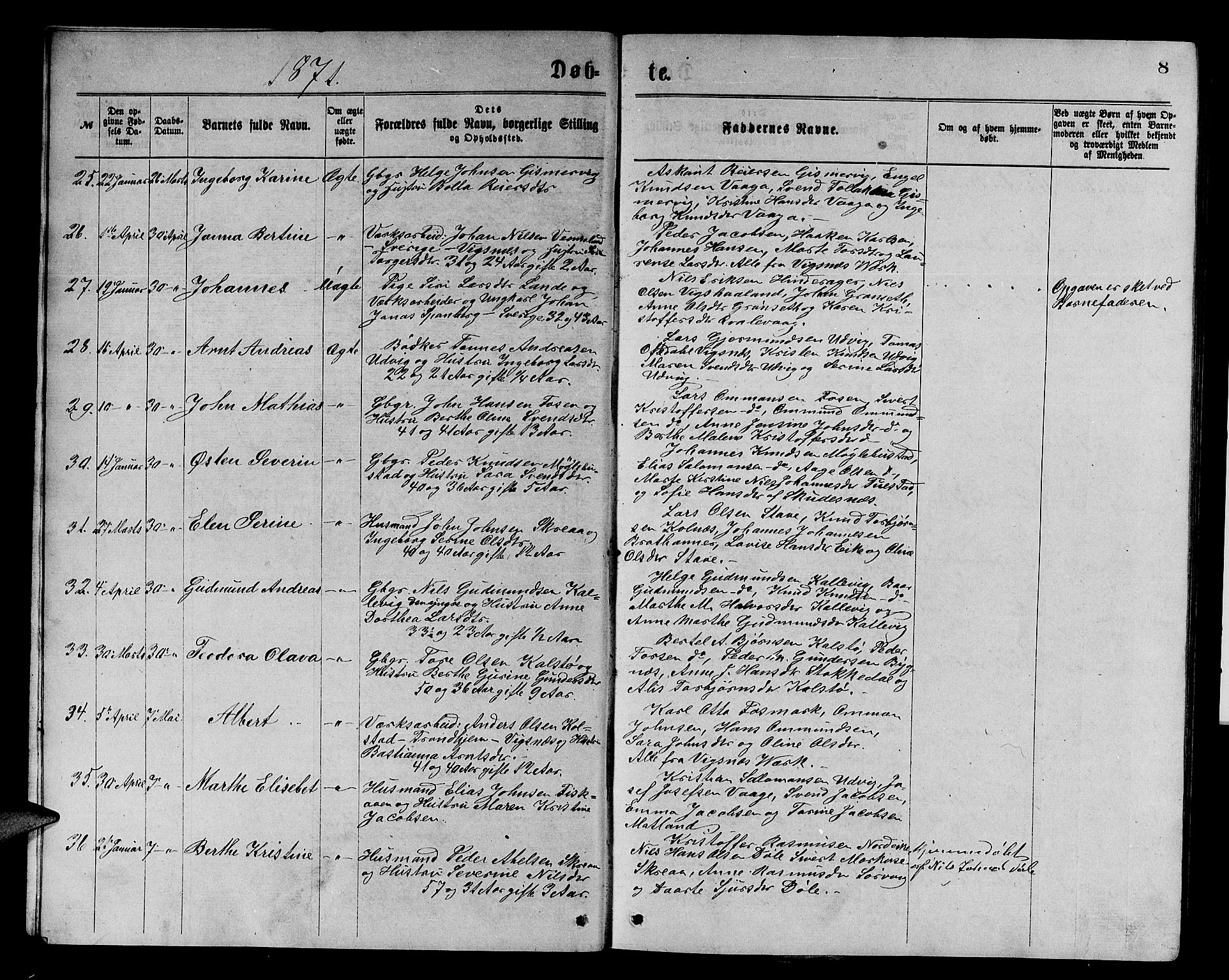 Avaldsnes sokneprestkontor, SAST/A -101851/H/Ha/Hab/L0005: Parish register (copy) no. B 5, 1871-1885, p. 8