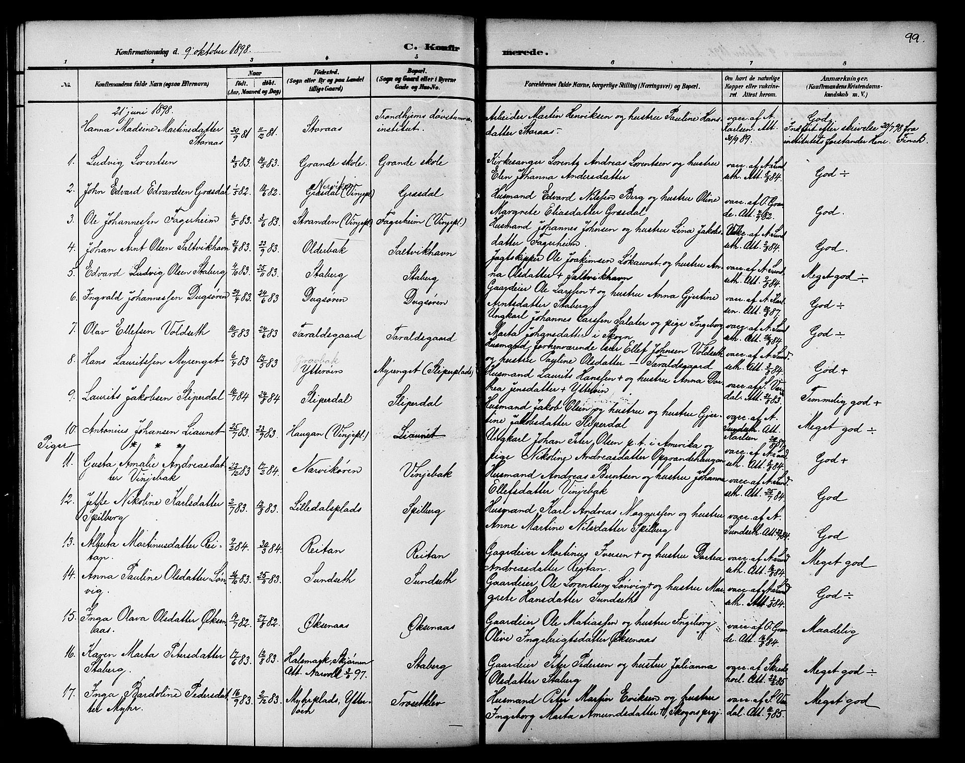 Ministerialprotokoller, klokkerbøker og fødselsregistre - Nord-Trøndelag, SAT/A-1458/733/L0327: Parish register (copy) no. 733C02, 1888-1918, p. 99