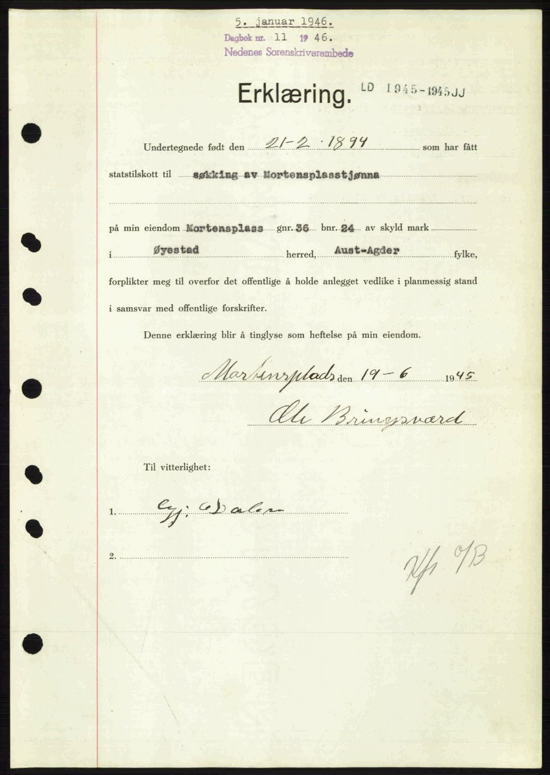 Nedenes sorenskriveri, SAK/1221-0006/G/Gb/Gba/L0054: Mortgage book no. A6c, 1946-1946, Diary no: : 11/1946