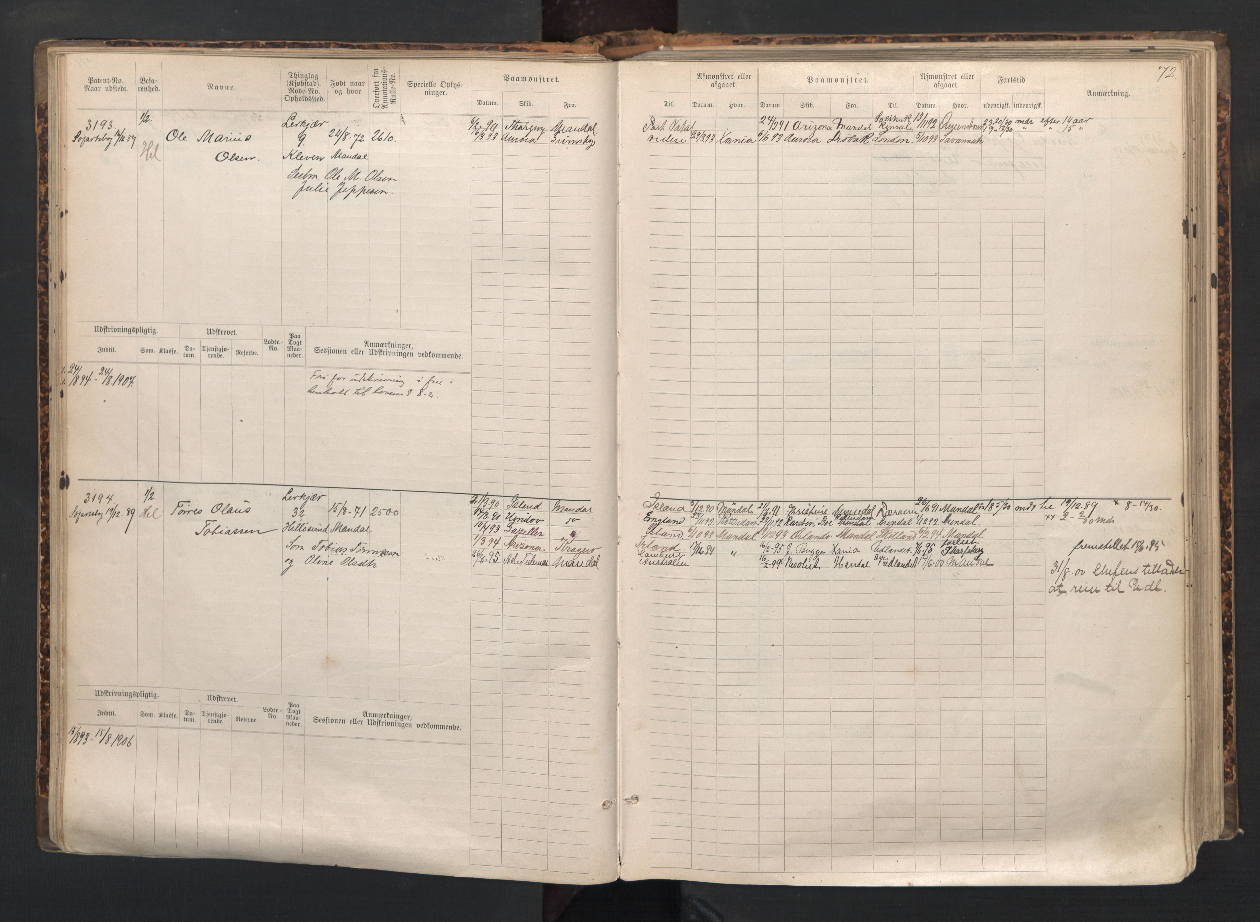 Mandal mønstringskrets, AV/SAK-2031-0016/F/Fb/L0015: Hovedrulle nr 3055-3820, Y-24, 1887-1940, p. 73