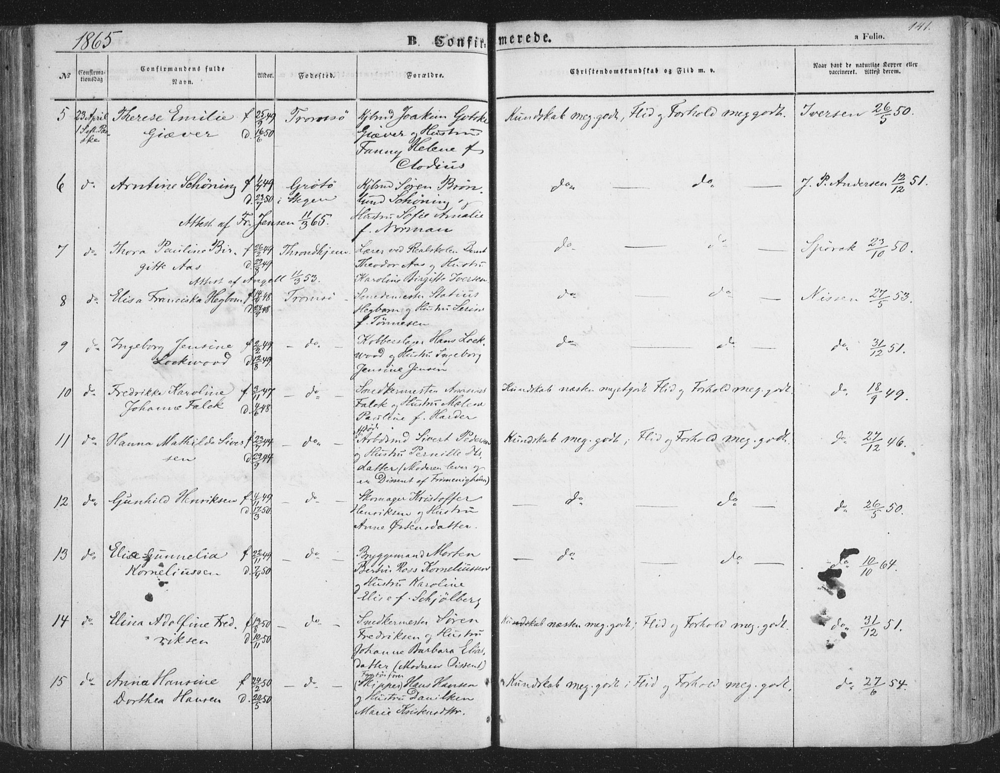 Tromsø sokneprestkontor/stiftsprosti/domprosti, AV/SATØ-S-1343/G/Ga/L0011kirke: Parish register (official) no. 11, 1856-1865, p. 141