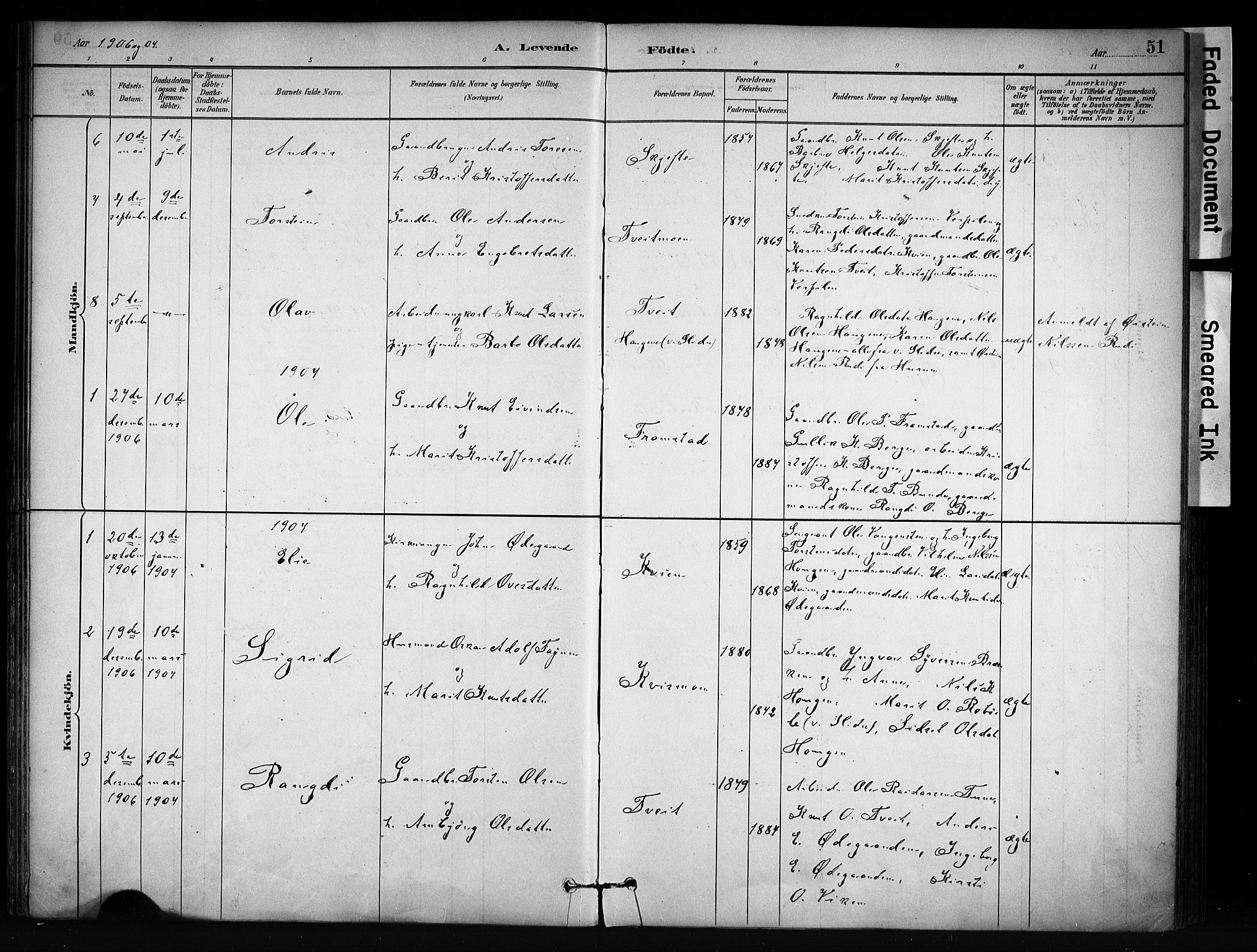 Vang prestekontor, Valdres, AV/SAH-PREST-140/H/Ha/L0009: Parish register (official) no. 9, 1882-1914, p. 51