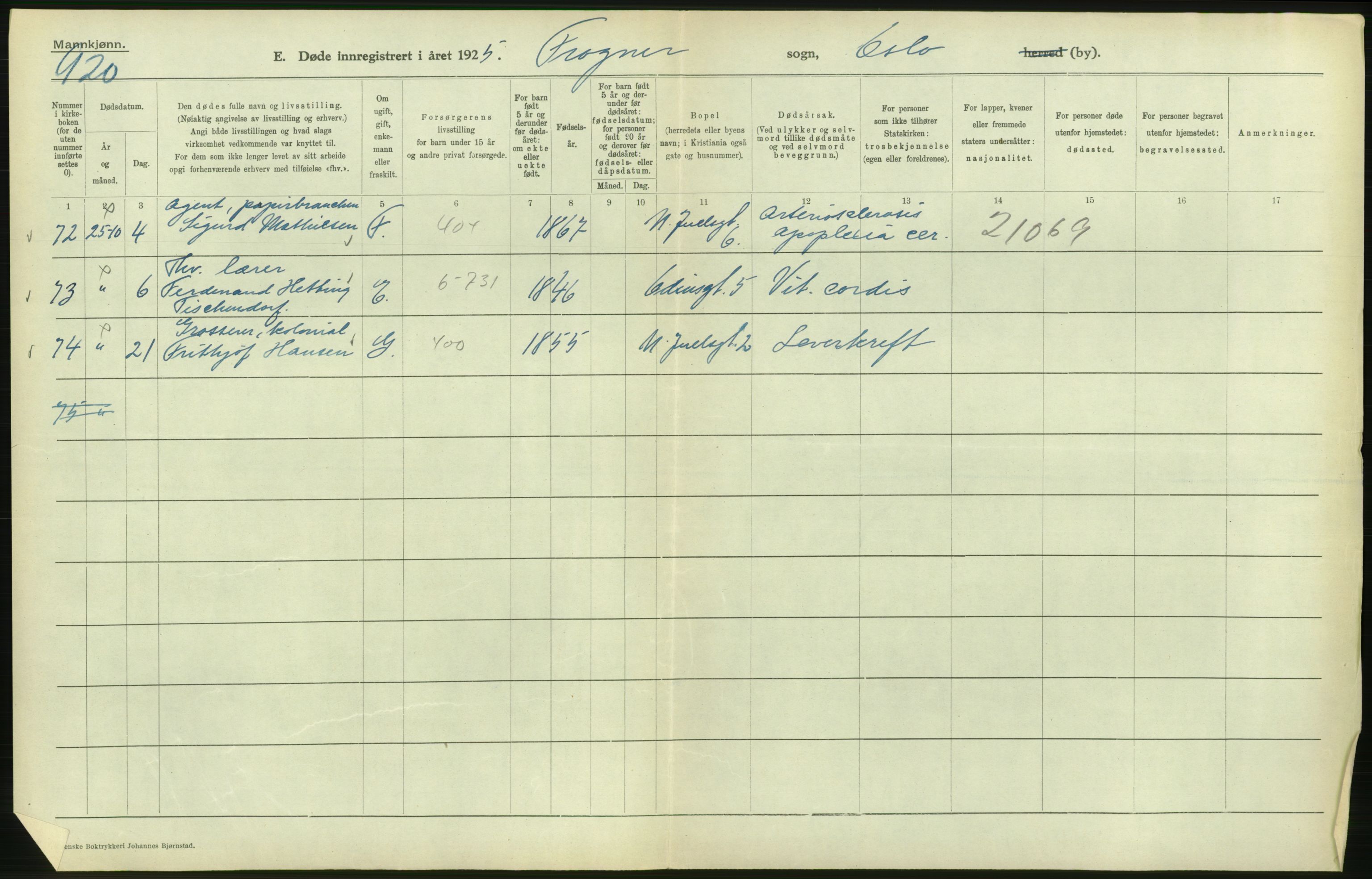 Statistisk sentralbyrå, Sosiodemografiske emner, Befolkning, AV/RA-S-2228/D/Df/Dfc/Dfce/L0009: Oslo: Døde menn, 1925, p. 248