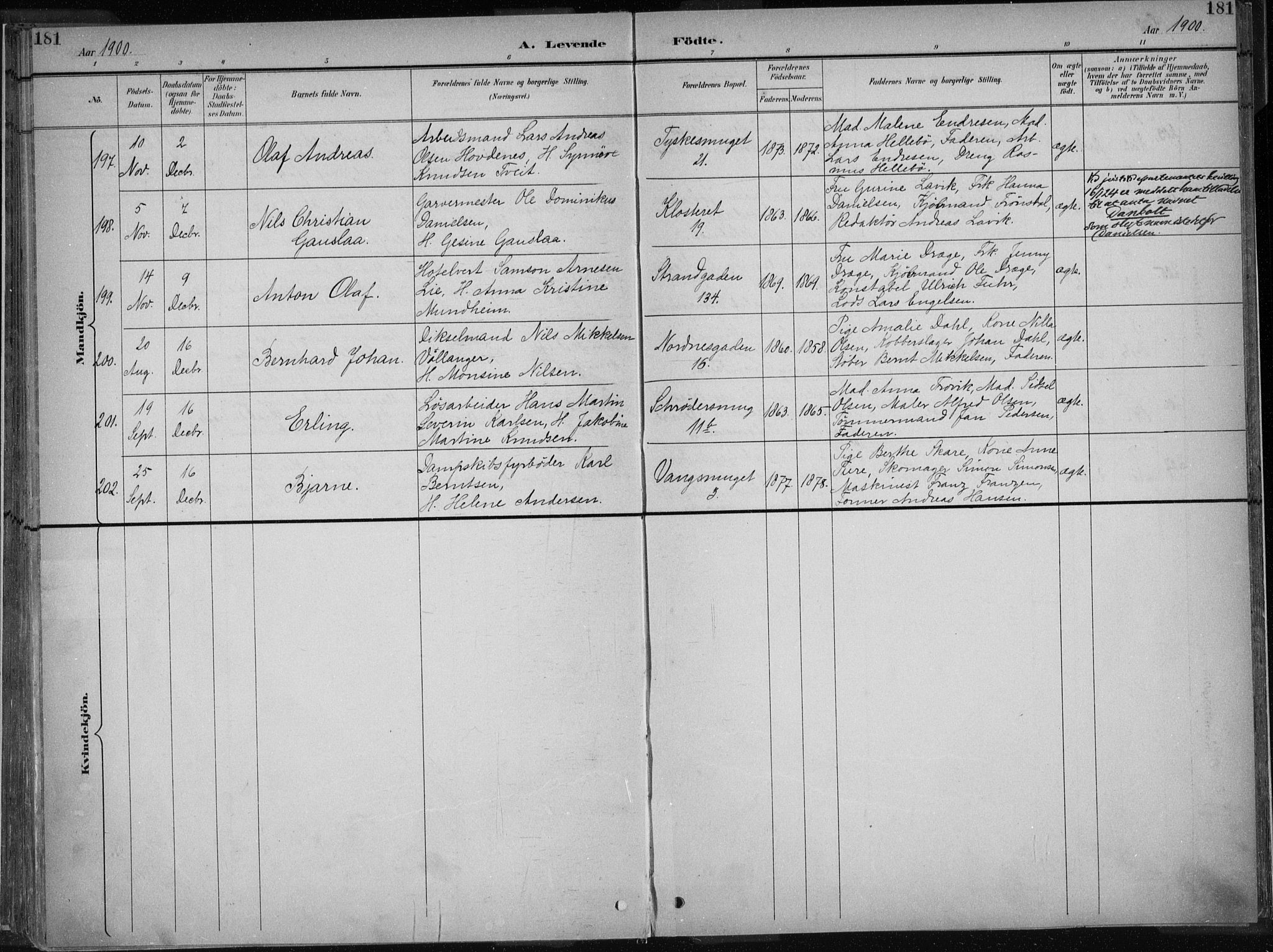 Nykirken Sokneprestembete, AV/SAB-A-77101/H/Haa/L0018: Parish register (official) no. B 6, 1895-1903, p. 181