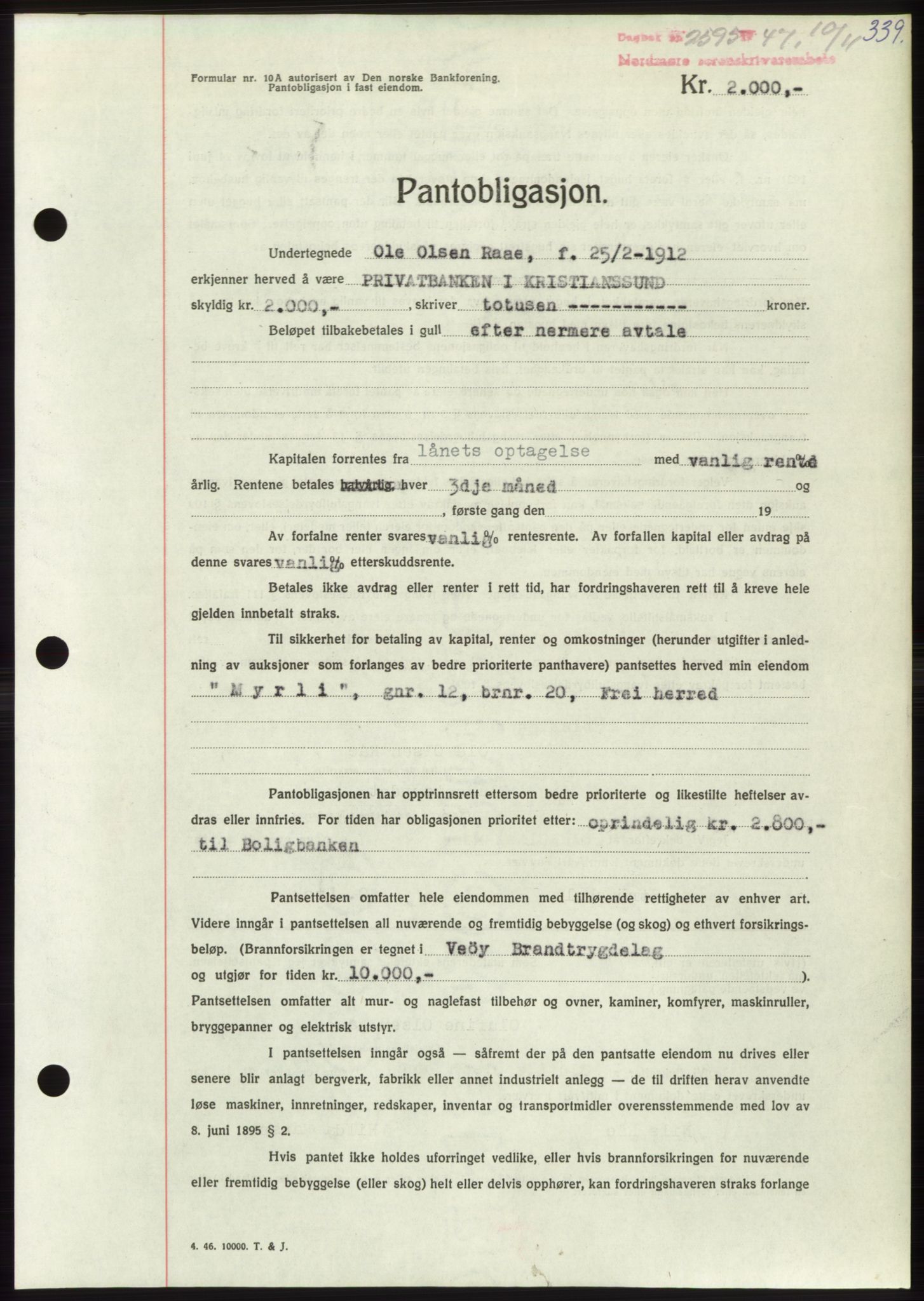 Nordmøre sorenskriveri, AV/SAT-A-4132/1/2/2Ca: Mortgage book no. B97, 1947-1948, Diary no: : 2595/1947