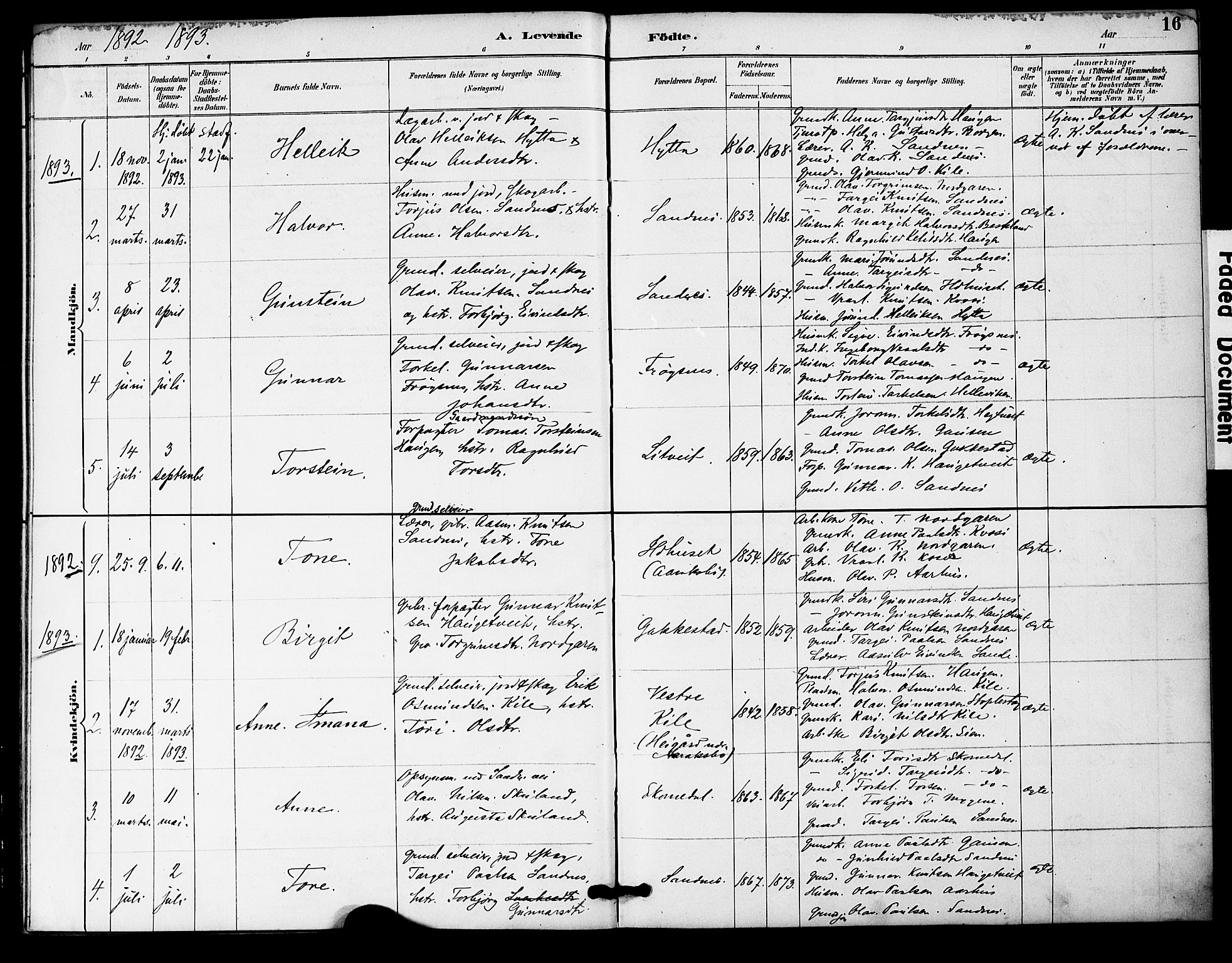 Bygland sokneprestkontor, SAK/1111-0006/F/Fa/Fac/L0001: Parish register (official) no. A 1, 1885-1909, p. 16