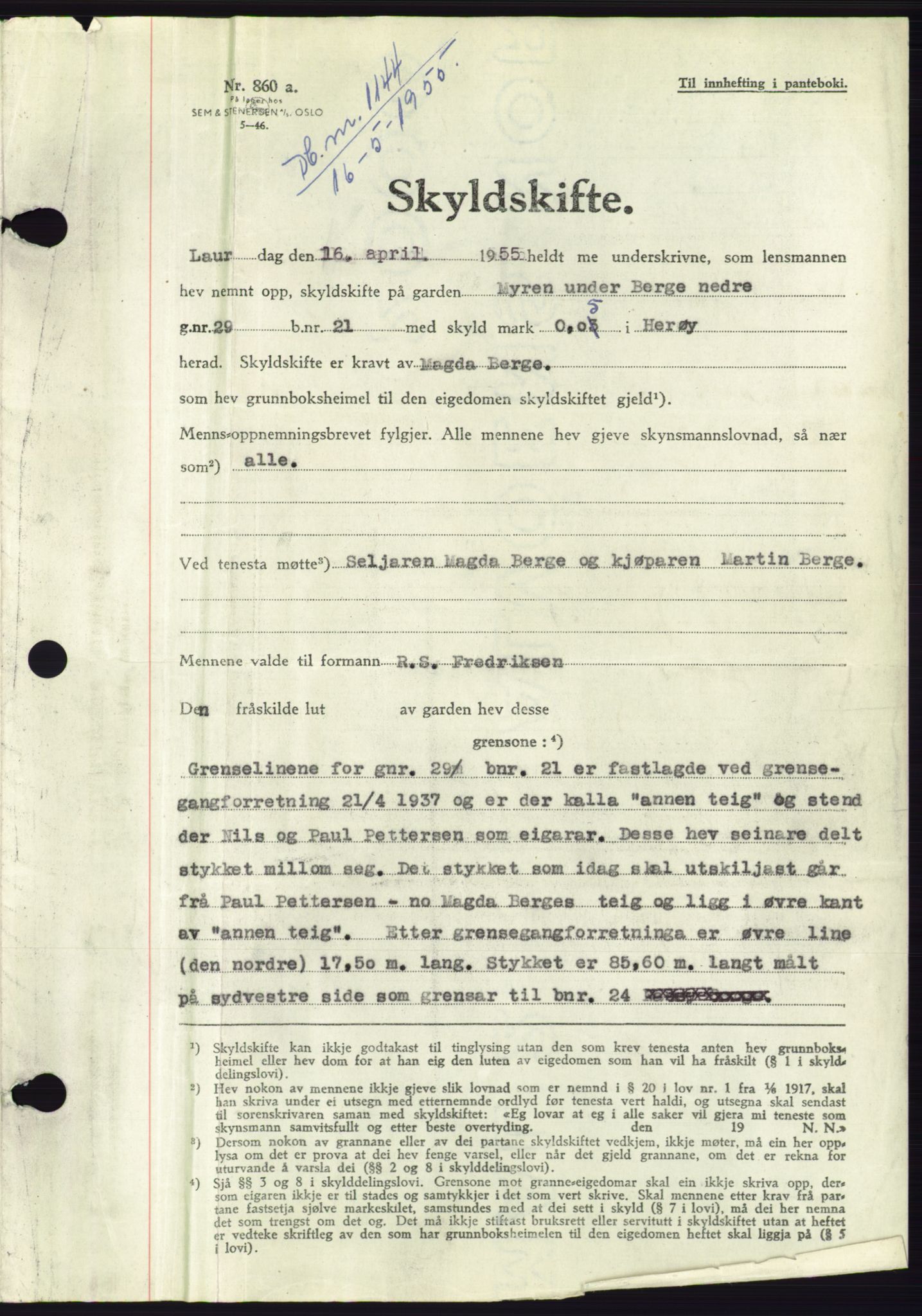 Søre Sunnmøre sorenskriveri, AV/SAT-A-4122/1/2/2C/L0101: Mortgage book no. 27A, 1955-1955, Diary no: : 1144/1955