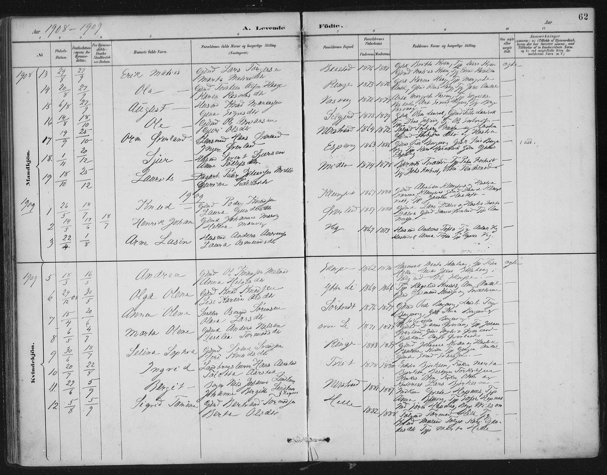Nedstrand sokneprestkontor, SAST/A-101841/01/IV: Parish register (official) no. A 12, 1887-1915, p. 62