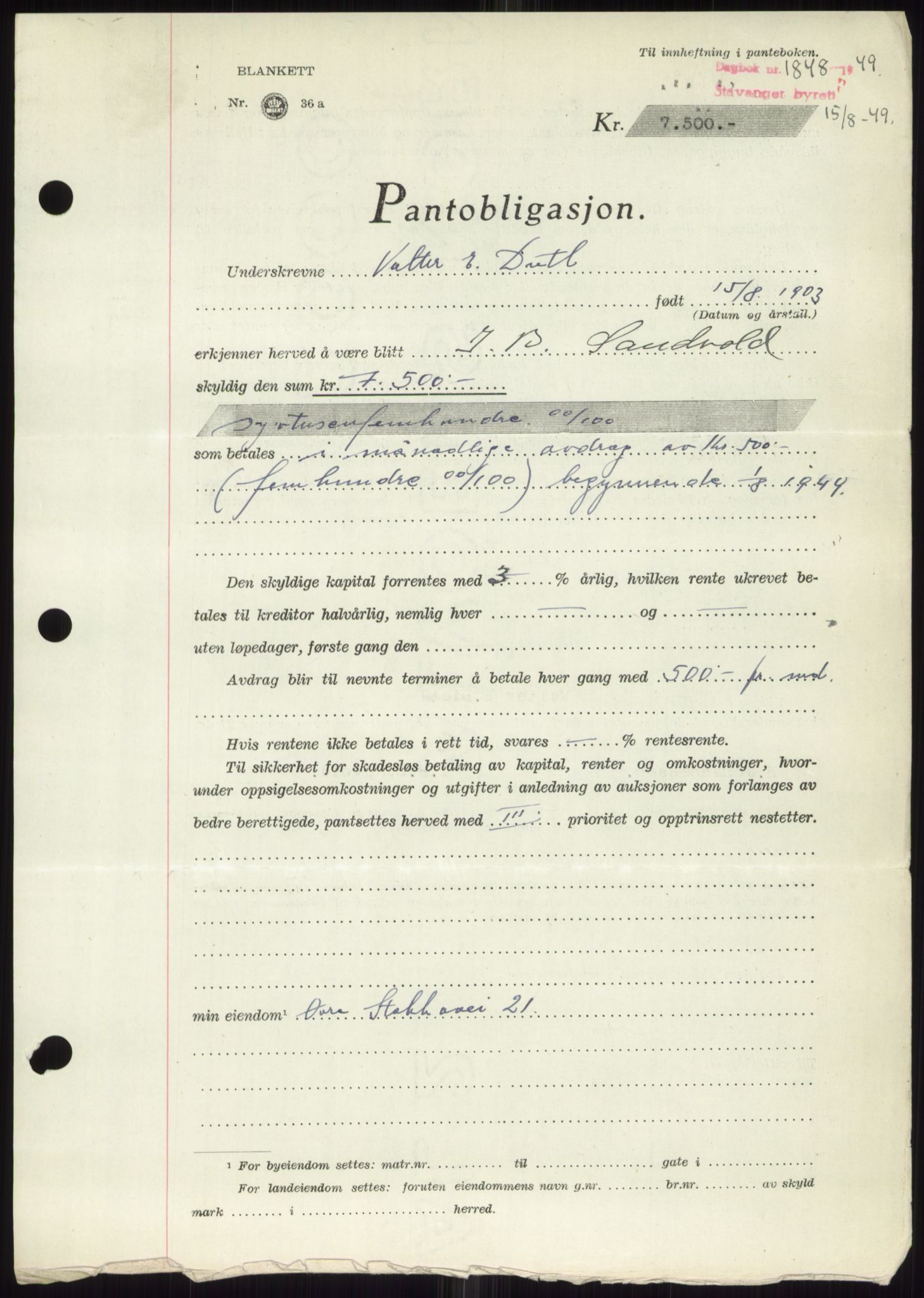 Stavanger byrett, SAST/A-100455/002/G/Gb/L0032: Mortgage book, 1947-1950, Diary no: : 1848/1949