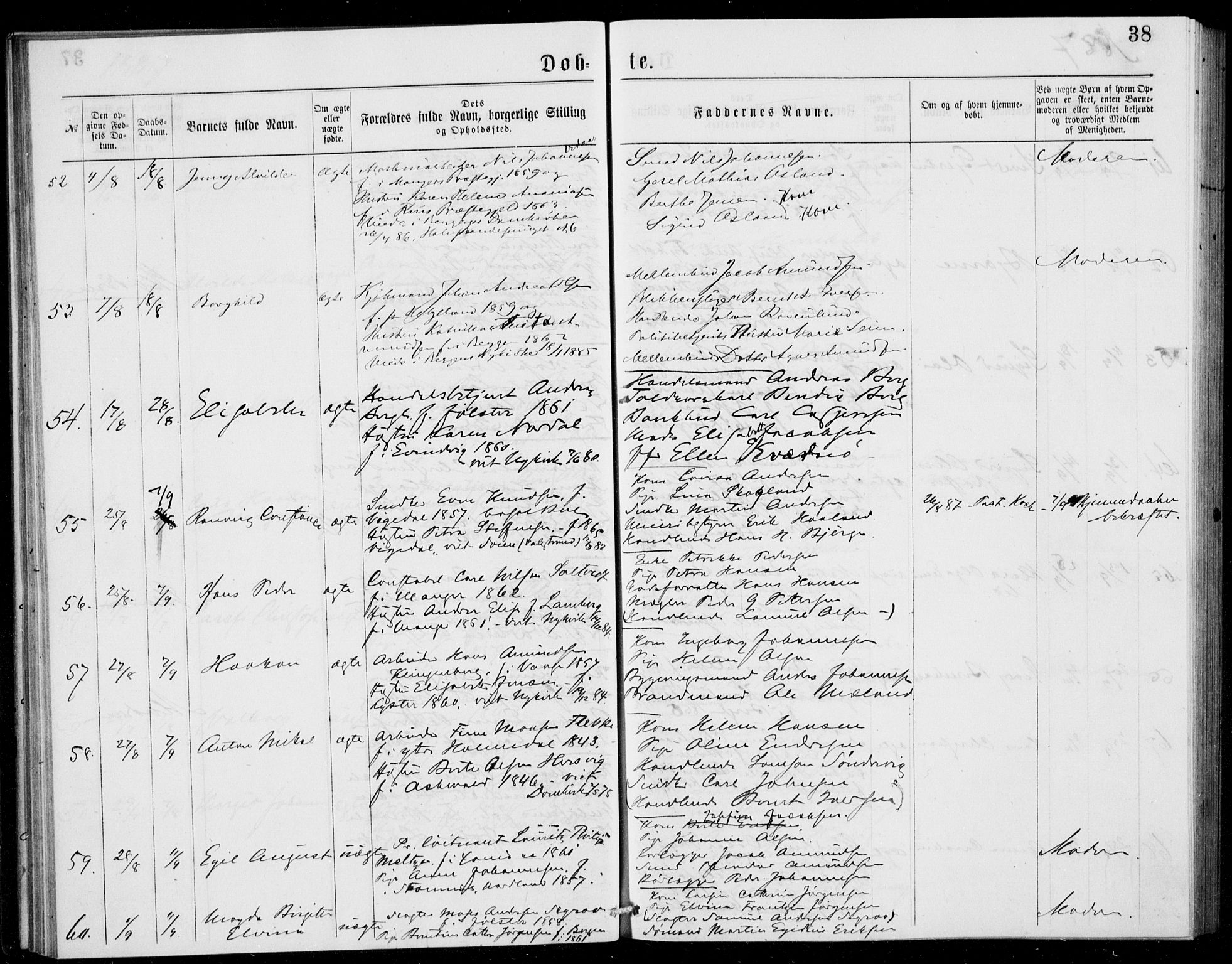 Fødselsstiftelsens sokneprestembete, ført av overlegen*, SAB/-: Parish register (official) no. A 2, 1884-1900, p. 38