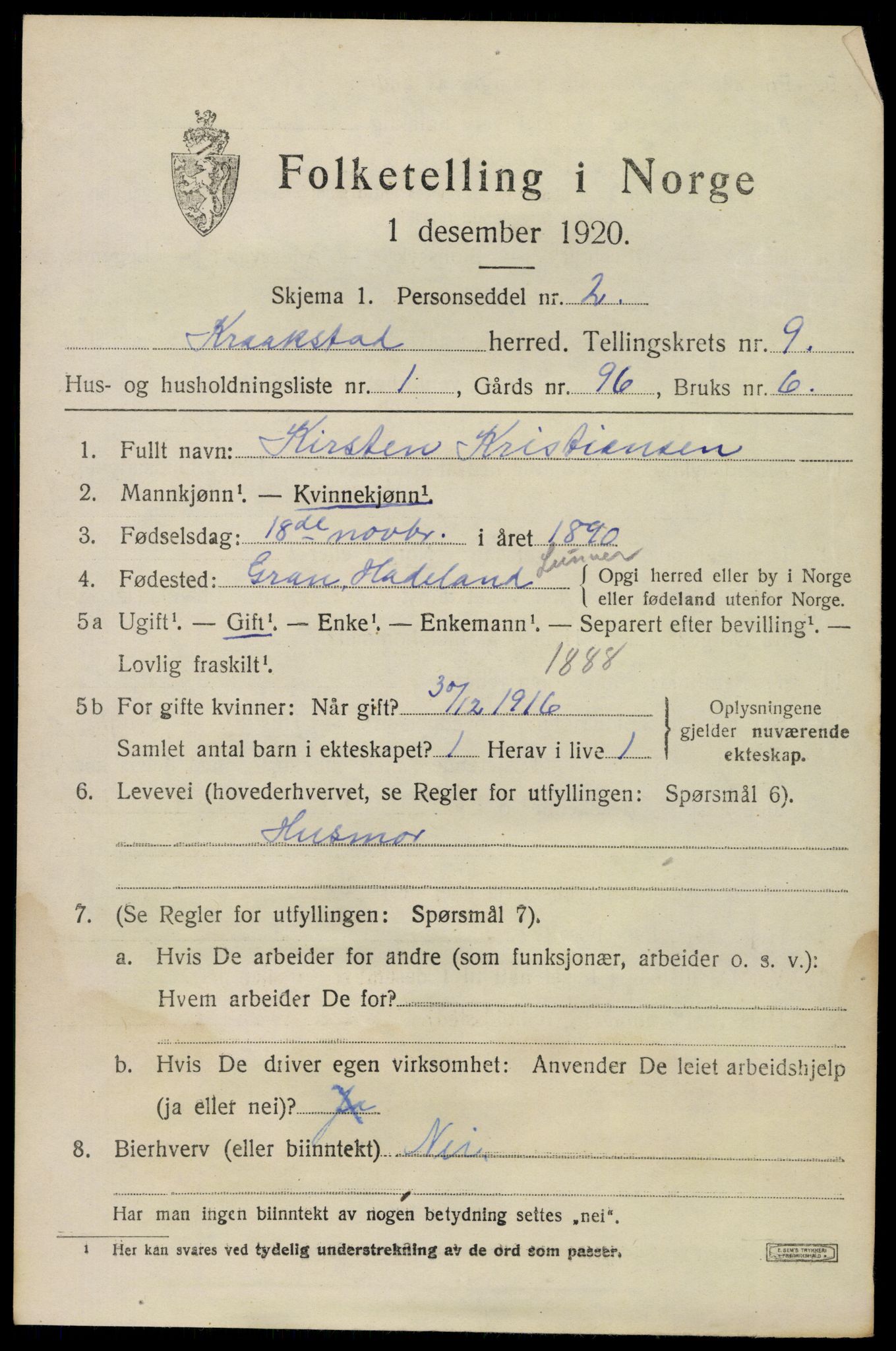 SAO, 1920 census for Kråkstad, 1920, p. 9591