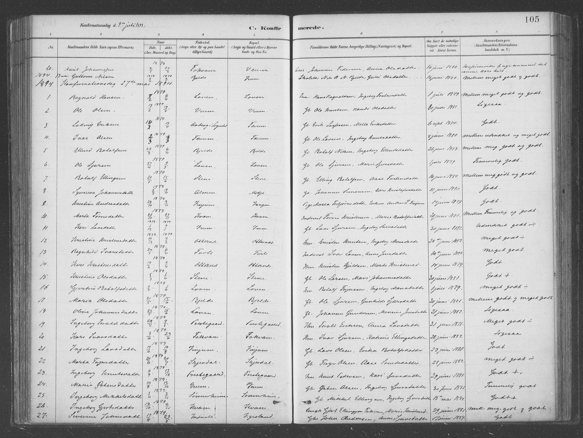 Aurland sokneprestembete, SAB/A-99937/H/Ha/Hab/L0001: Parish register (official) no. B  1, 1880-1909, p. 105