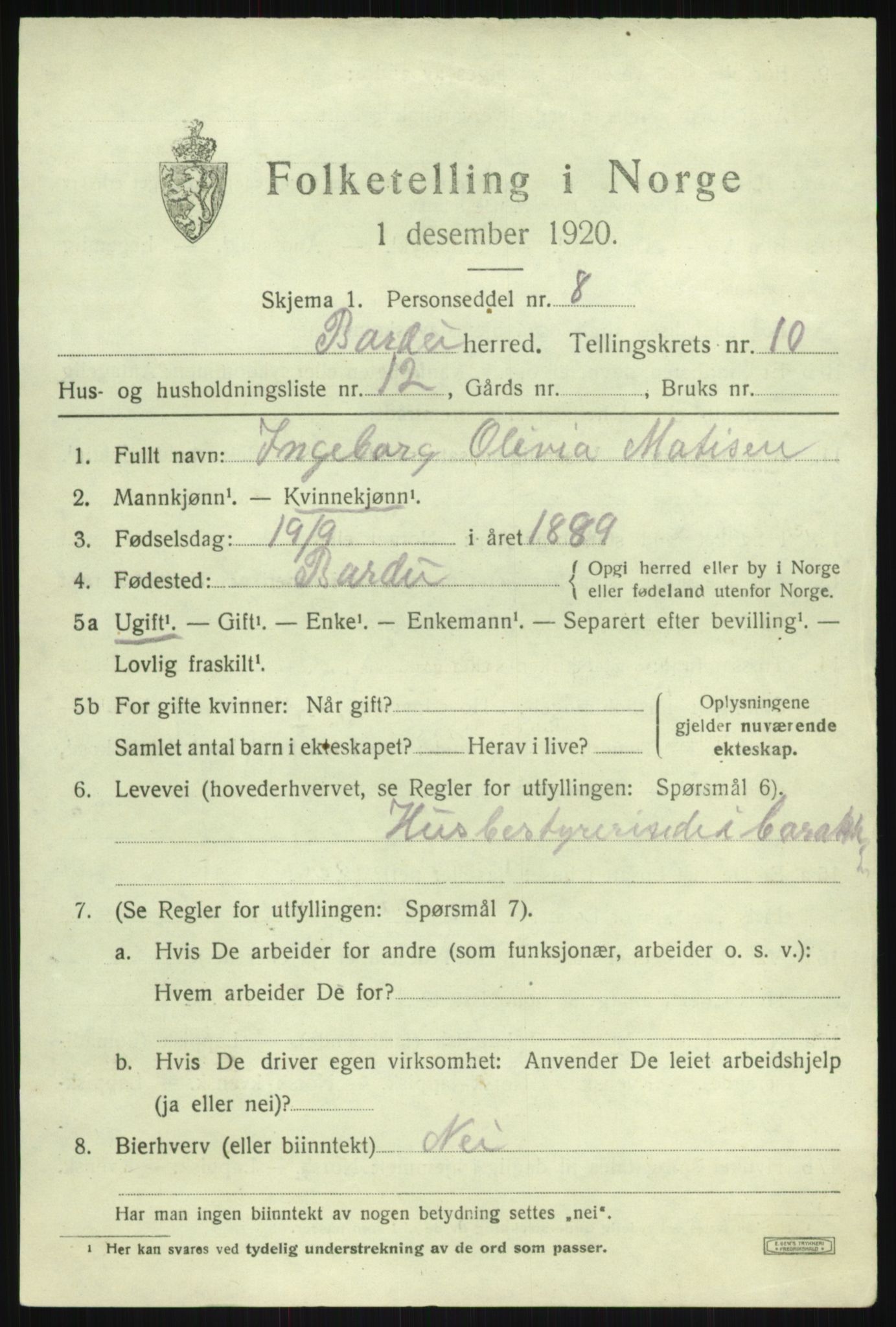 SATØ, 1920 census for Bardu, 1920, p. 3484