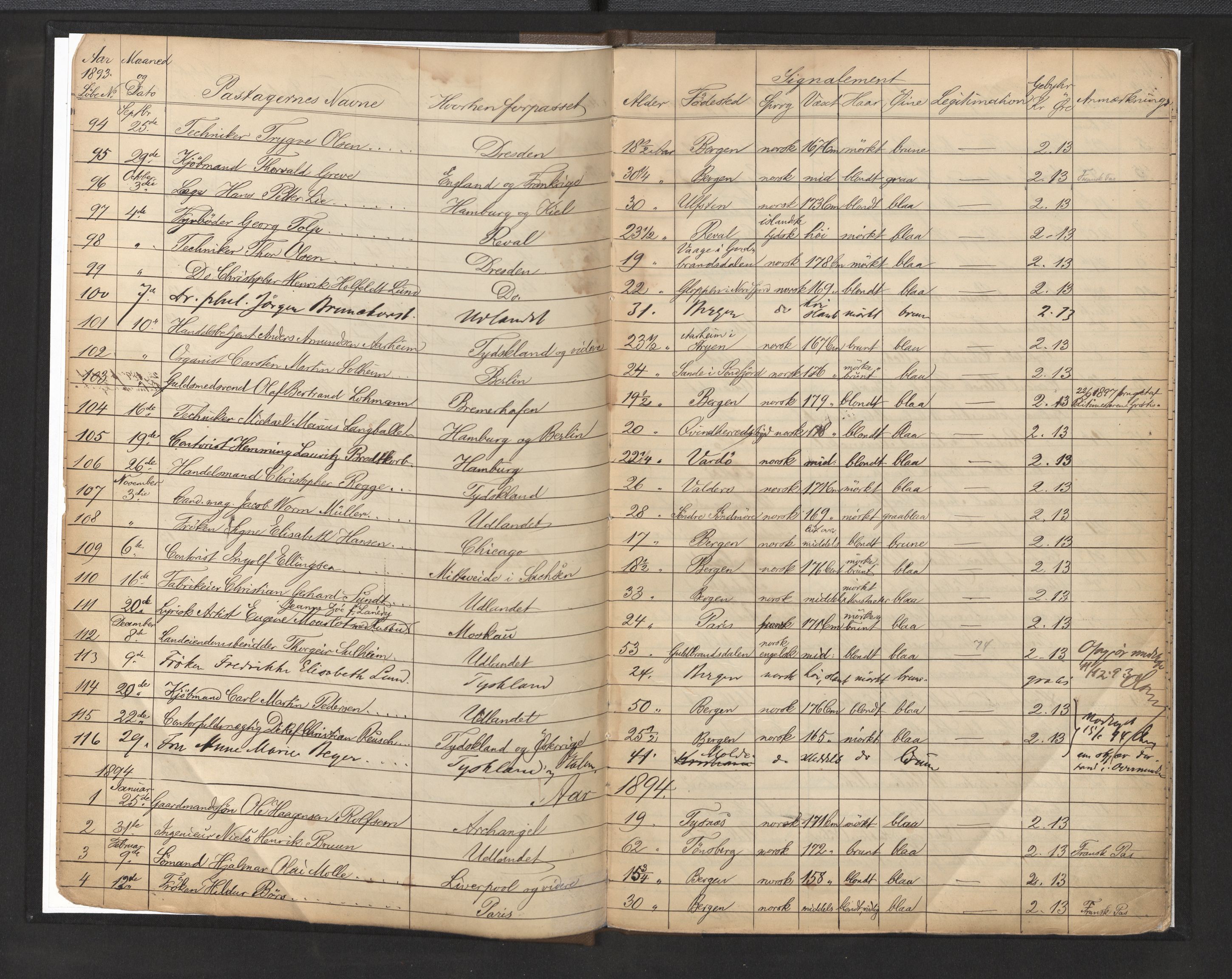 Bergen politikammer / politidistrikt, AV/SAB-A-60401/L/La/Lab/L0008: Passprotokoll, 1893-1901