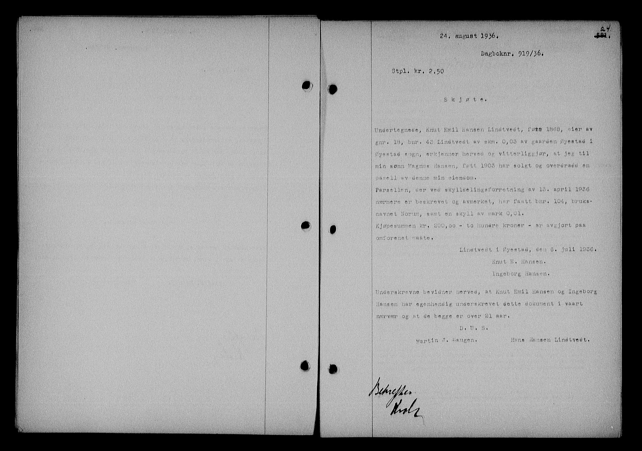 Nedenes sorenskriveri, SAK/1221-0006/G/Gb/Gba/L0043: Mortgage book no. 39, 1936-1937, Diary no: : 919/1936