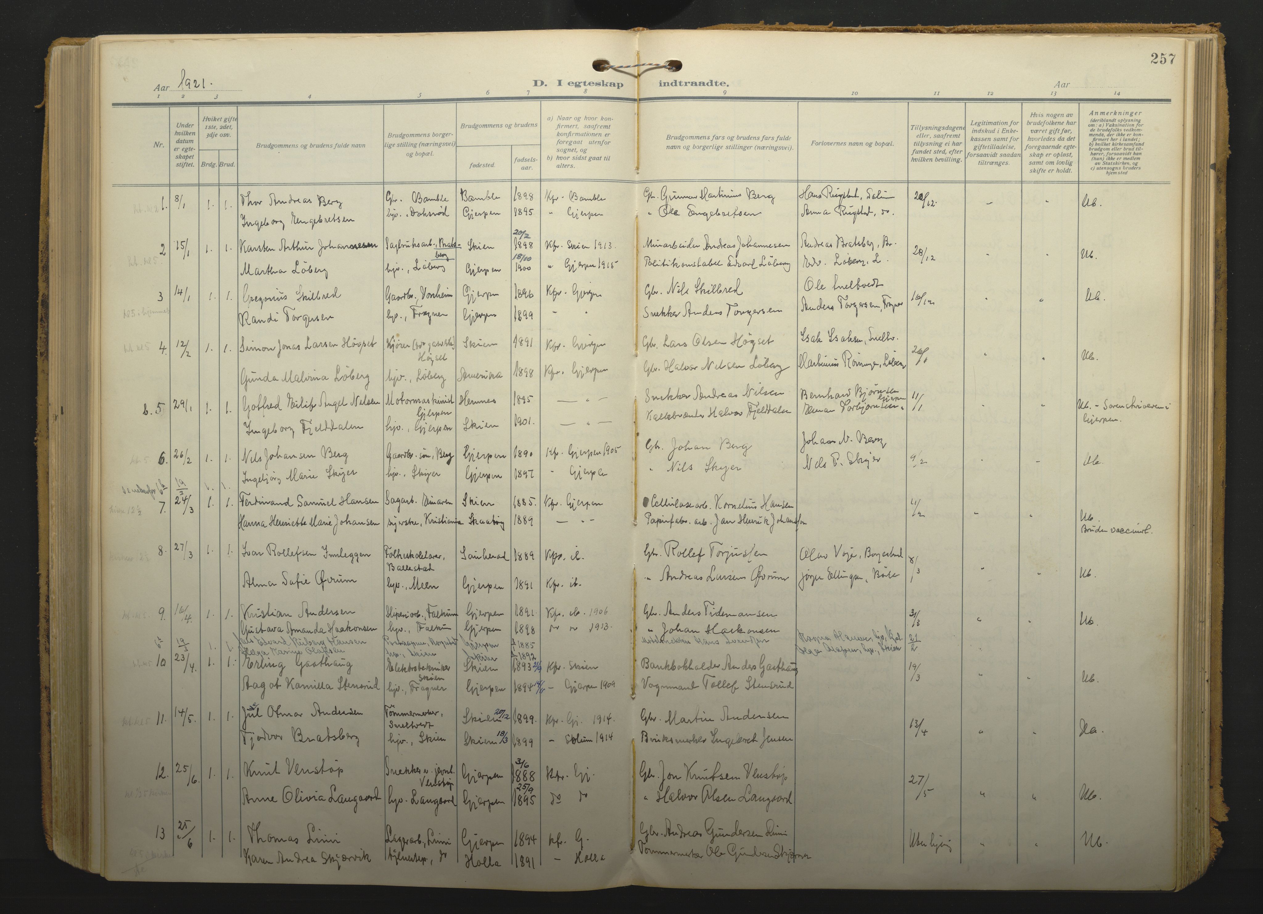 Gjerpen kirkebøker, SAKO/A-265/F/Fa/L0013: Parish register (official) no. I 13, 1914-1924, p. 257