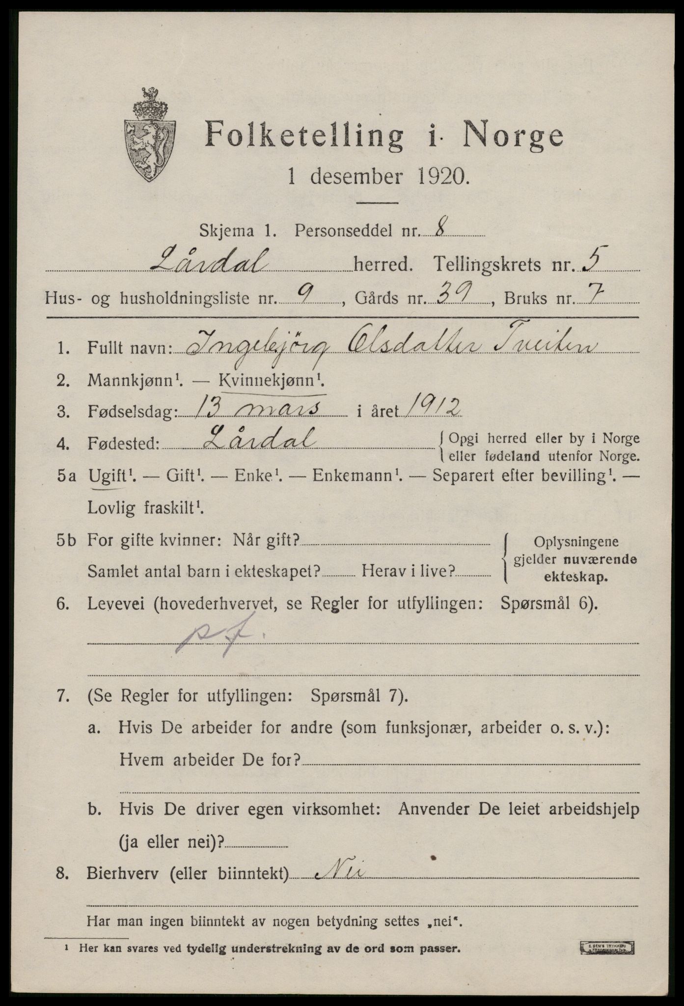 SAKO, 1920 census for Lårdal, 1920, p. 2513