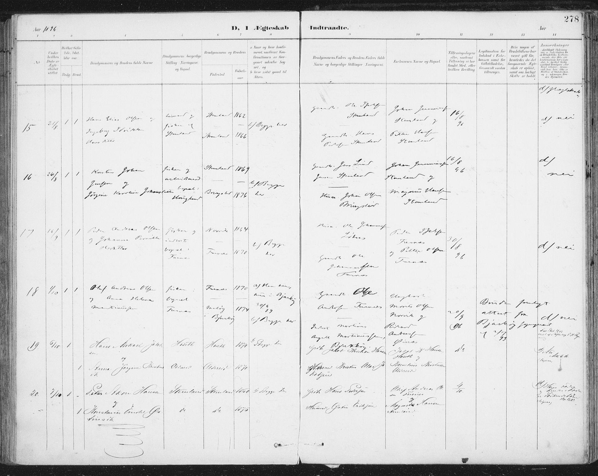 Ministerialprotokoller, klokkerbøker og fødselsregistre - Nordland, AV/SAT-A-1459/852/L0741: Parish register (official) no. 852A11, 1894-1917, p. 278