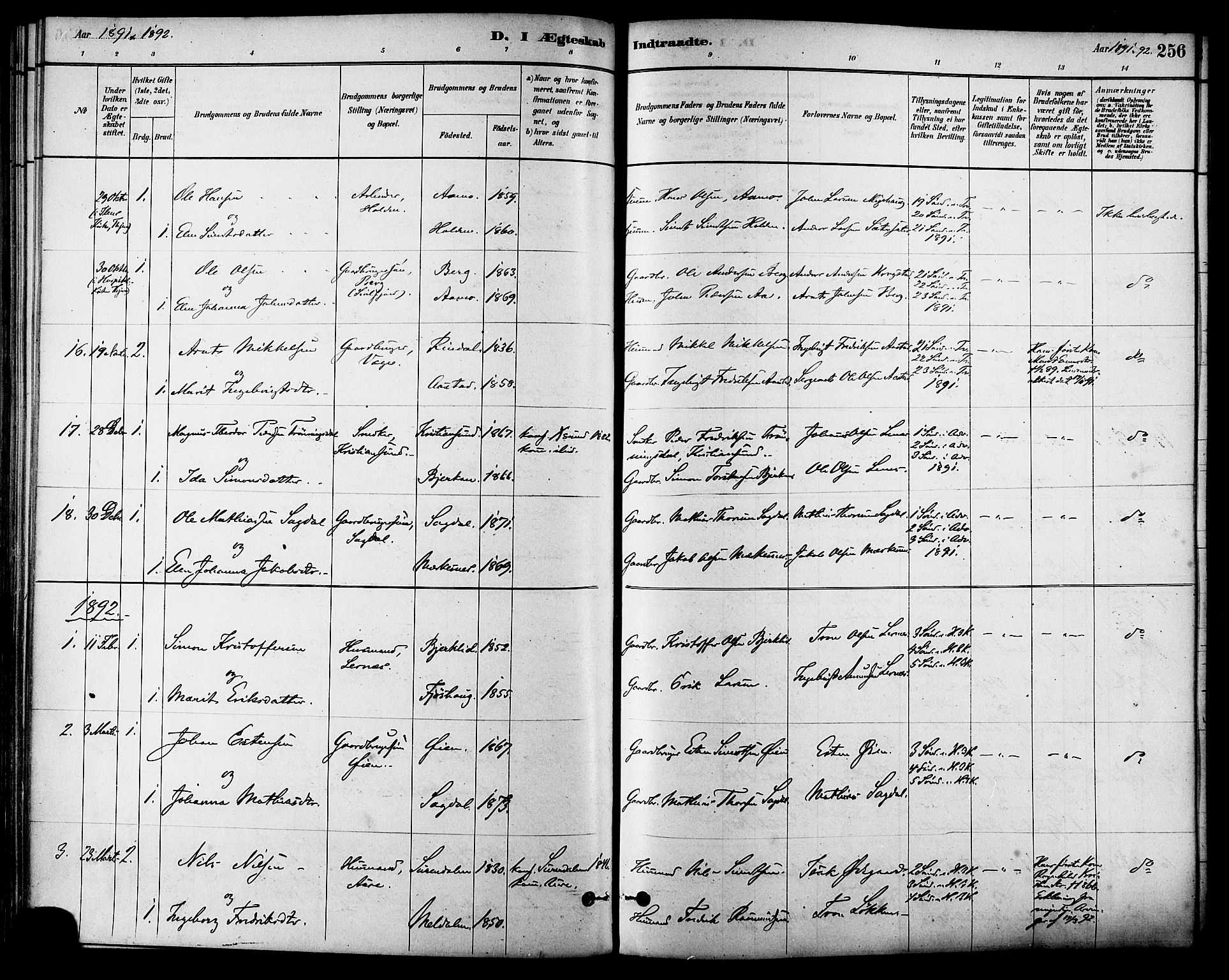 Ministerialprotokoller, klokkerbøker og fødselsregistre - Sør-Trøndelag, AV/SAT-A-1456/630/L0496: Parish register (official) no. 630A09, 1879-1895, p. 256