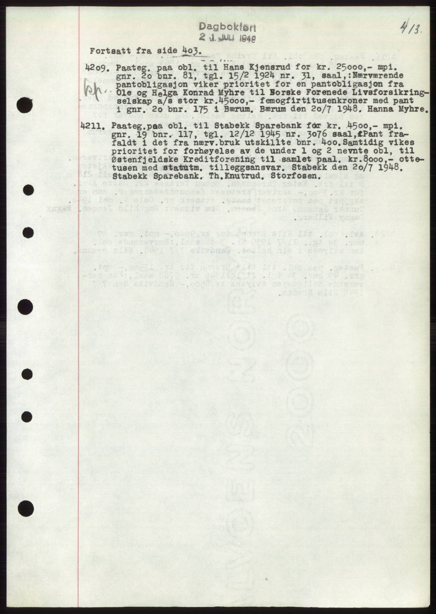 Asker og Bærum sorenskriveri, AV/SAO-A-10379a/G/Gb/Gbb/L0002: Mortgage book no. B87, 1948-1948, Diary no: : 4209/1948